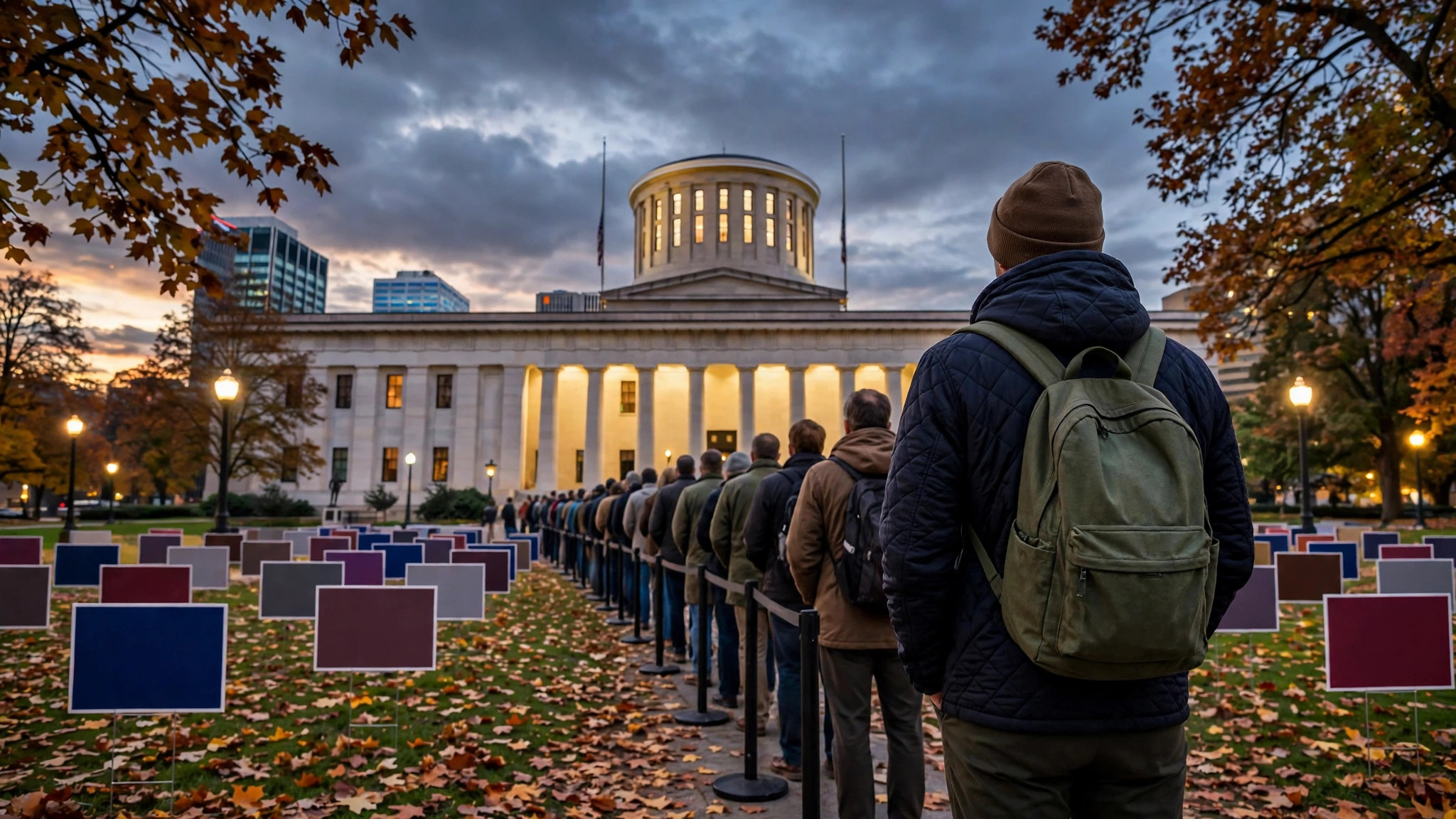 Ilustración editorial: votantes en fila frente al Capitolio de Ohio al anochecer, con carteles de campaña sin texto legible