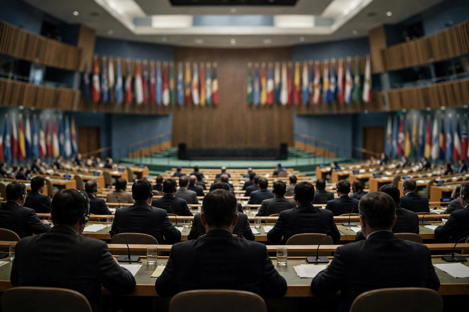 Ilustración editorial: salón de la Asamblea General de la ONU, delegados en silueta vistos de espaldas en sus asientos, banderas difuminadas