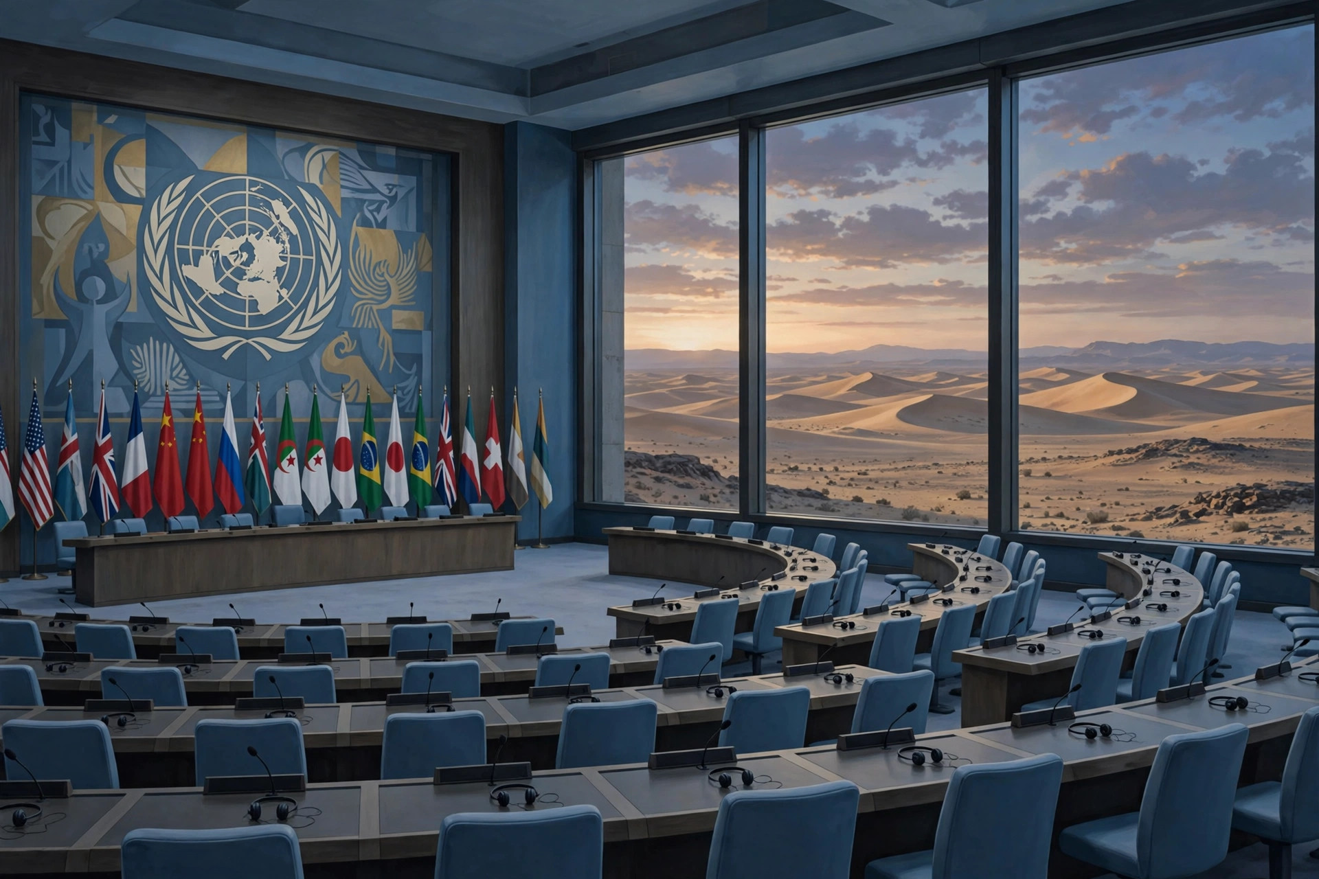 Ilustración editorial: sala del Consejo de Seguridad de la ONU con banderas y asientos vacíos, con un paisaje desértico al atardecer tras los ventanales