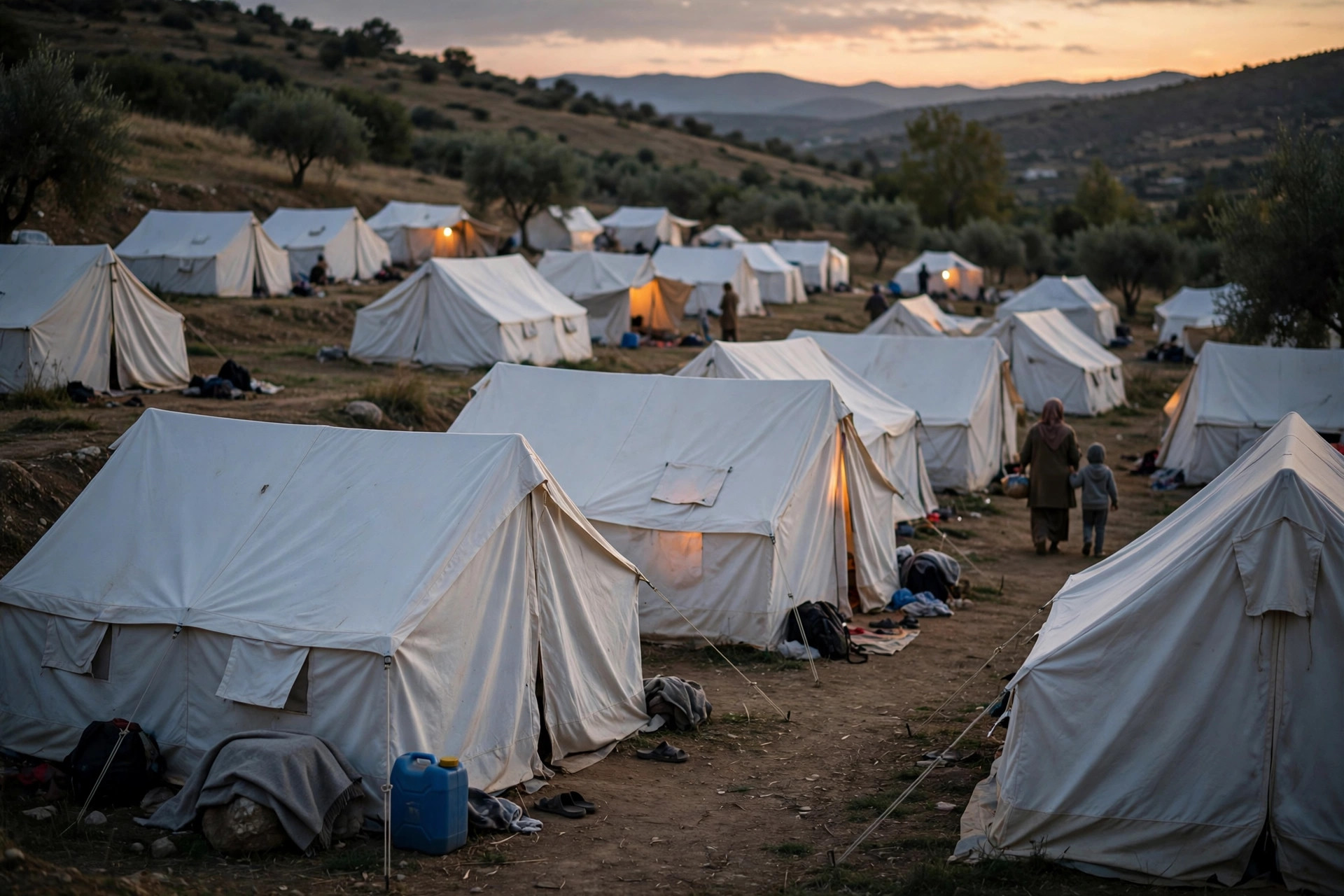 Ilustración editorial: campamento de desplazados con tiendas de campaña al atardecer