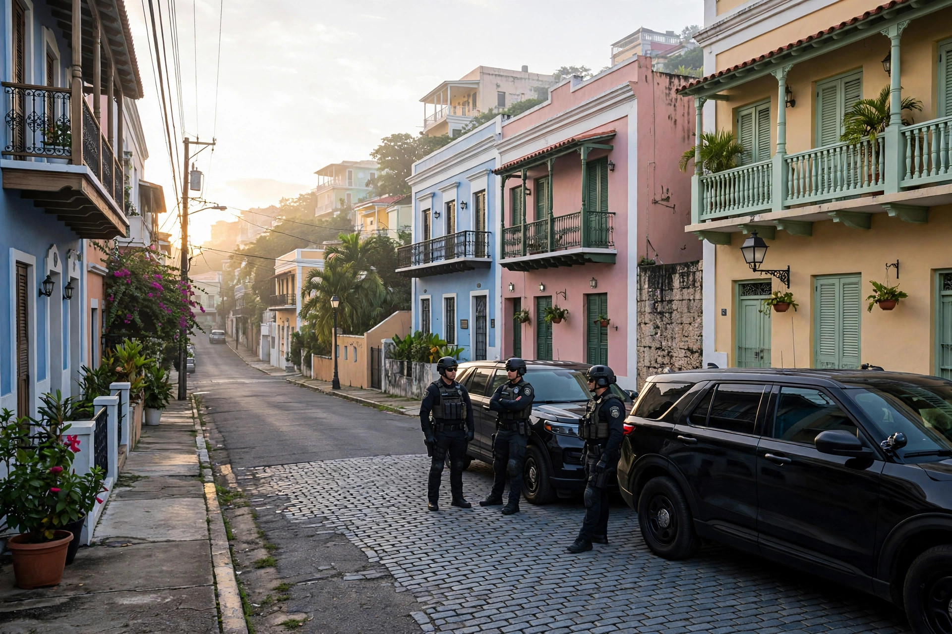 Ilustración editorial: agentes federales junto a vehículos en una calle de San Juan al amanecer