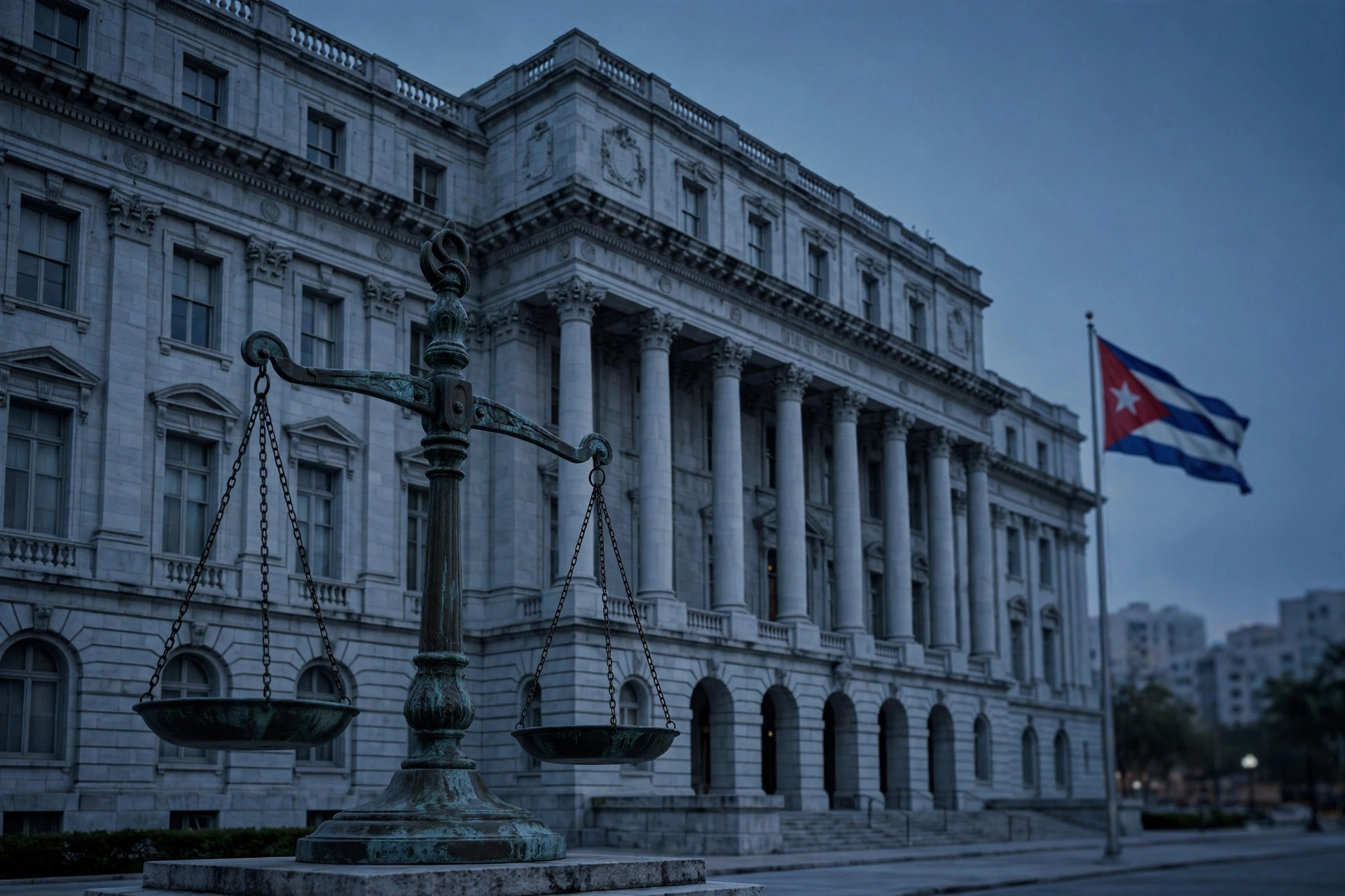 Ilustración editorial: palacio de justicia de Miami con la balanza de la justicia y la bandera de Cuba