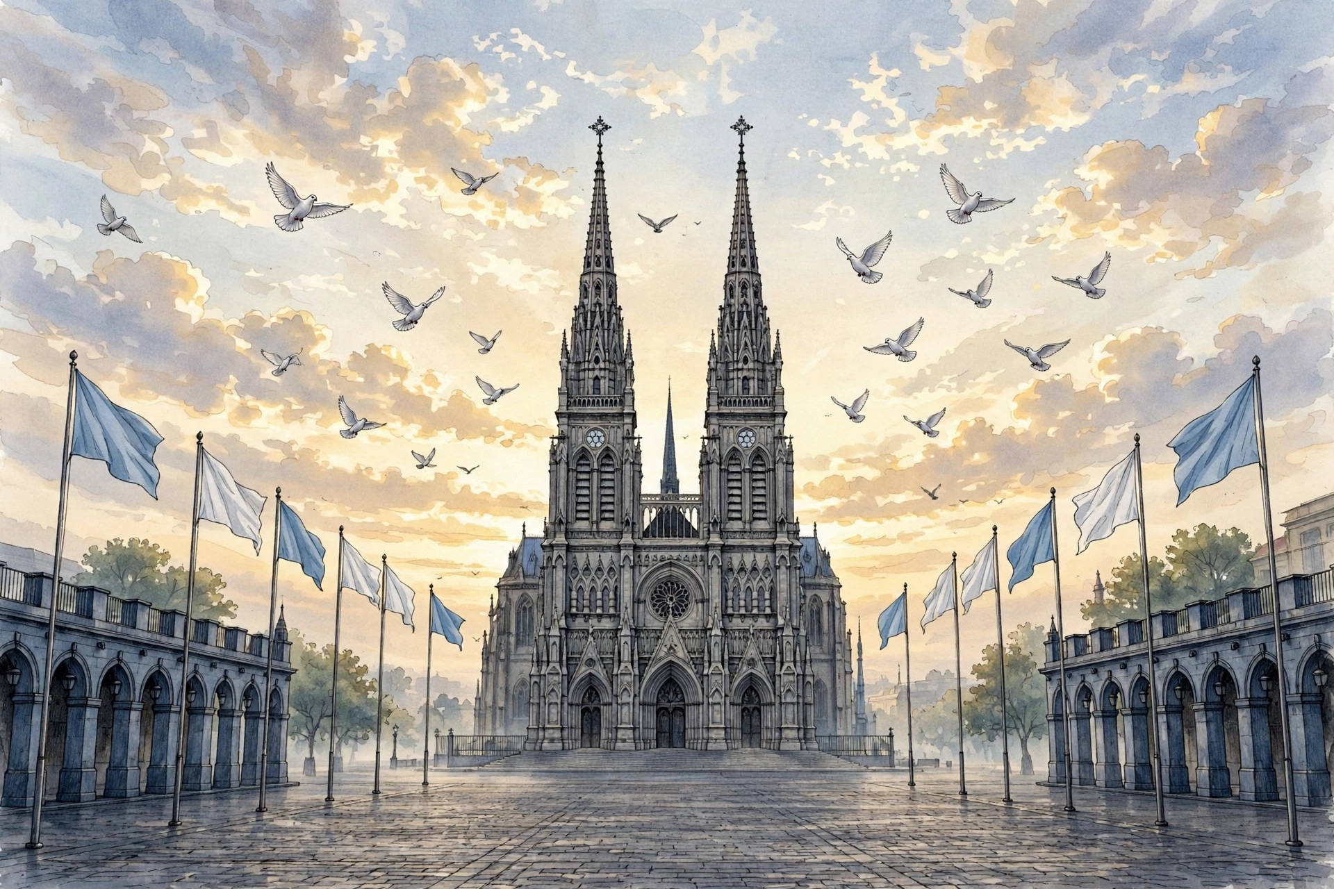Ilustración editorial: basílica al amanecer con banderas celestes y blancas