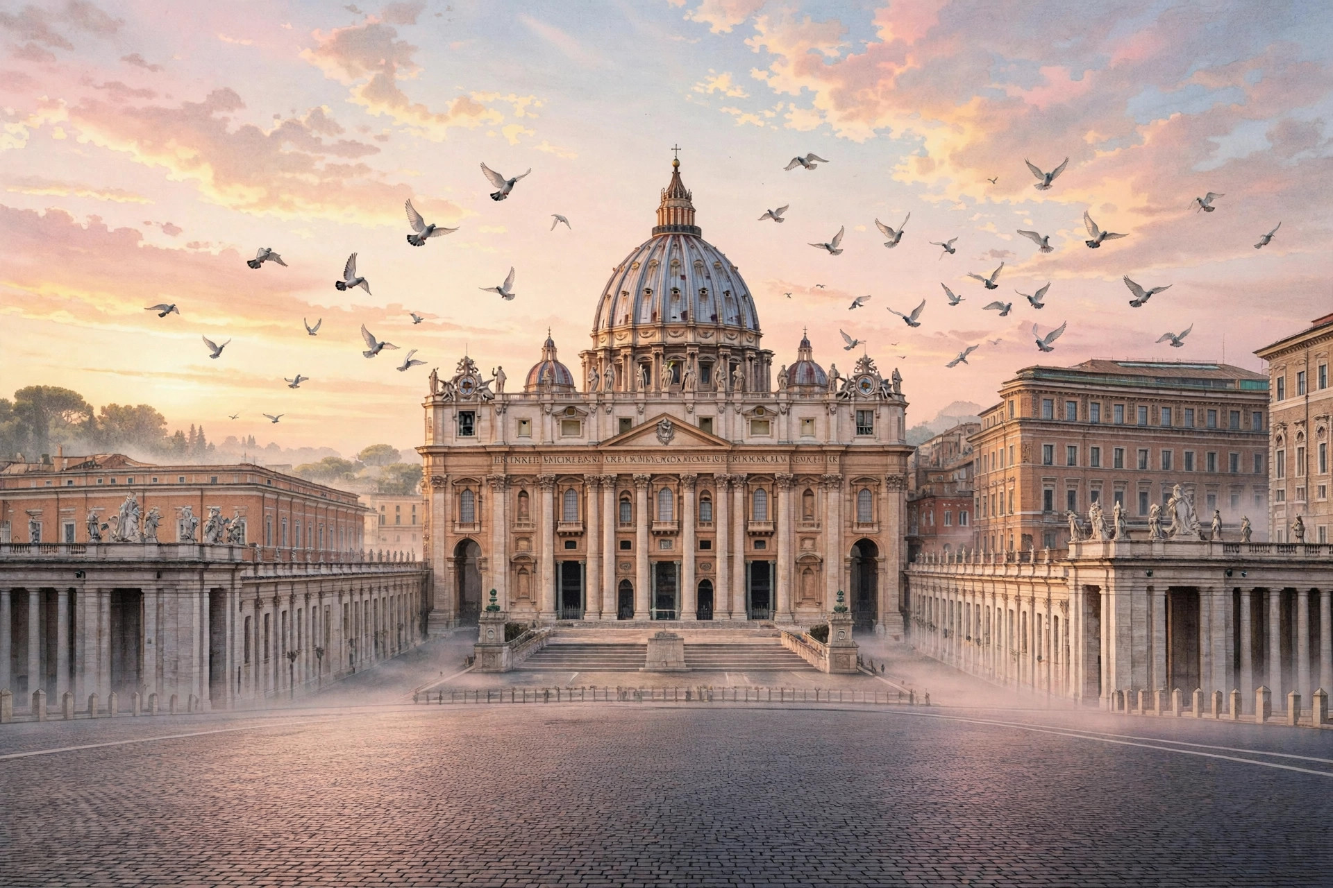 Ilustración editorial: la Basílica de San Pedro al amanecer con palomas volando en señal de esperanza