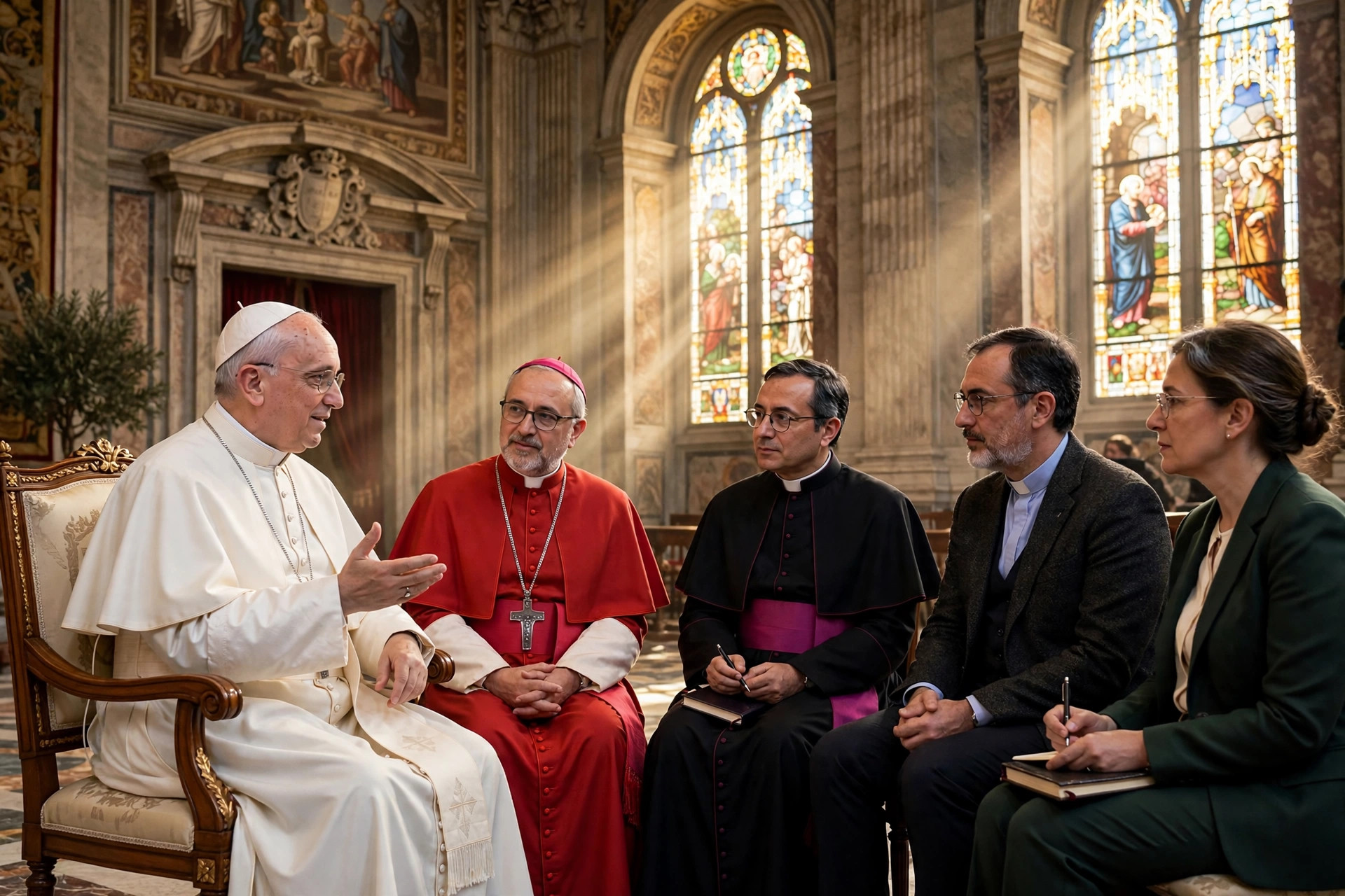 Ilustración editorial: el papa León XIV con vestiduras blancas recibiendo a clérigos y académicos en un salón de audiencias del Palacio Apostólico