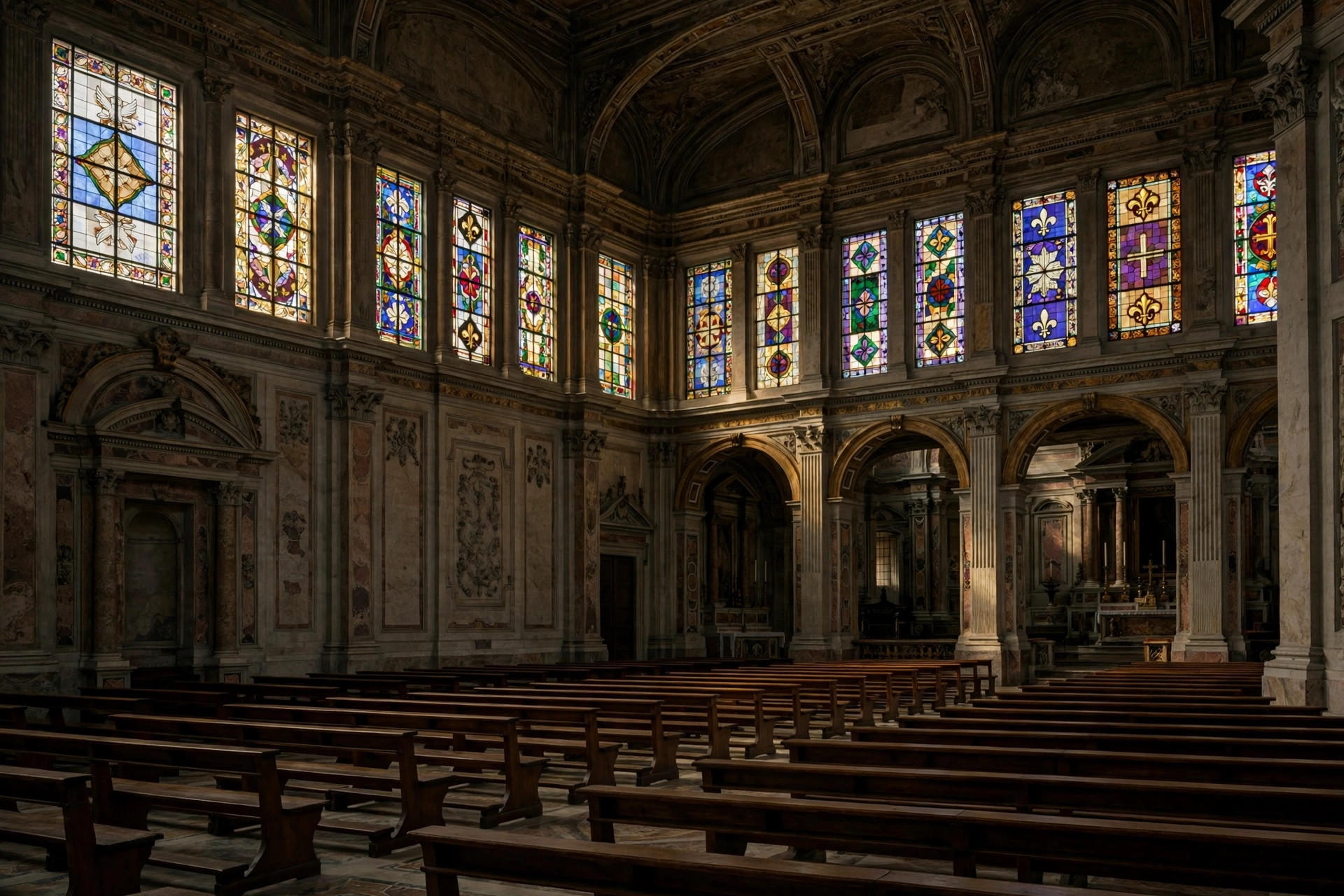 Ilustración editorial: interior de basílica vaticana con luz tenue y ambiente de recogimiento