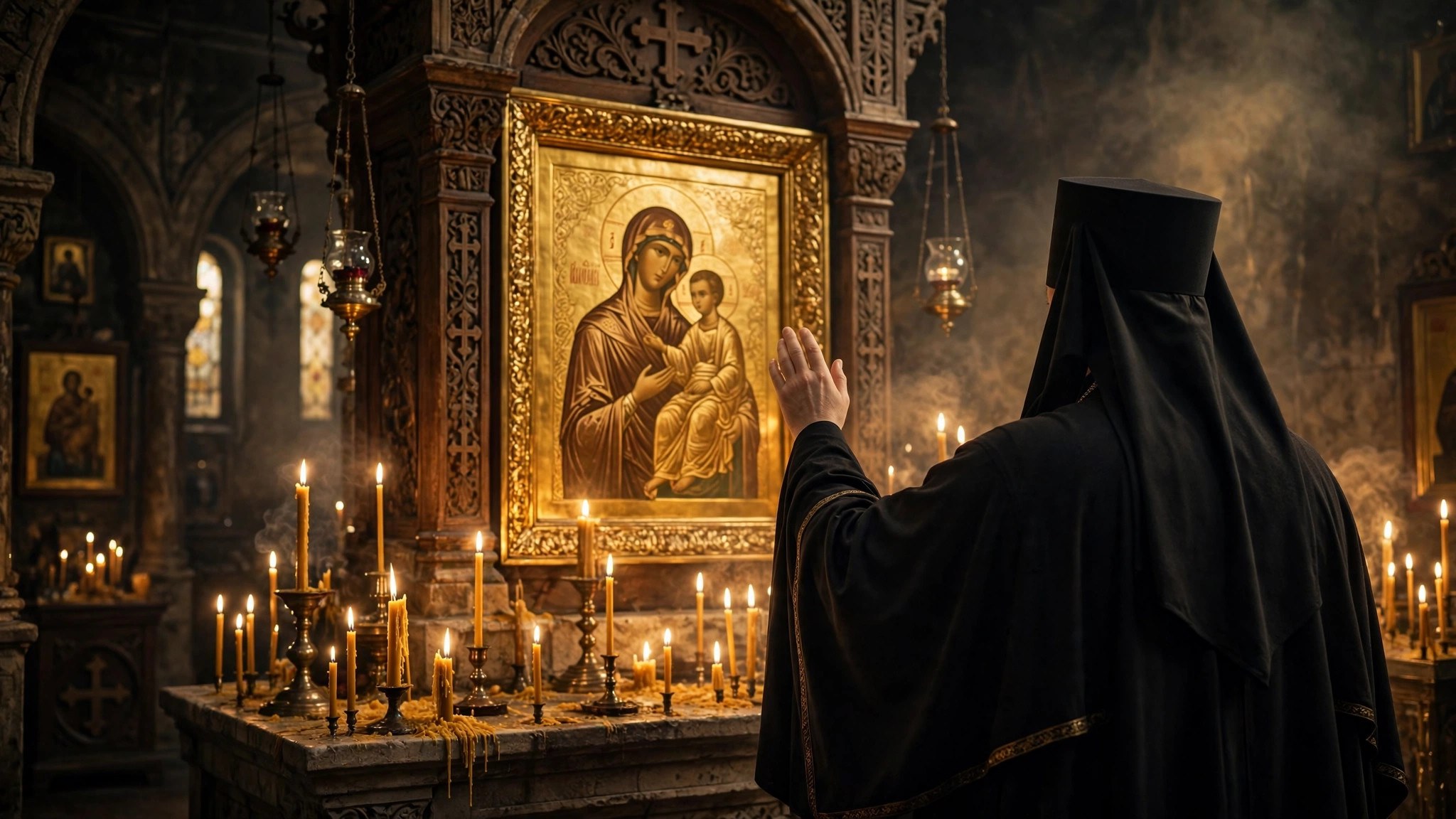 Ilustración editorial: interior de un santuario, un patriarca ortodoxo visto de espaldas bendiciendo un icono dorado entre velas, luz dorada