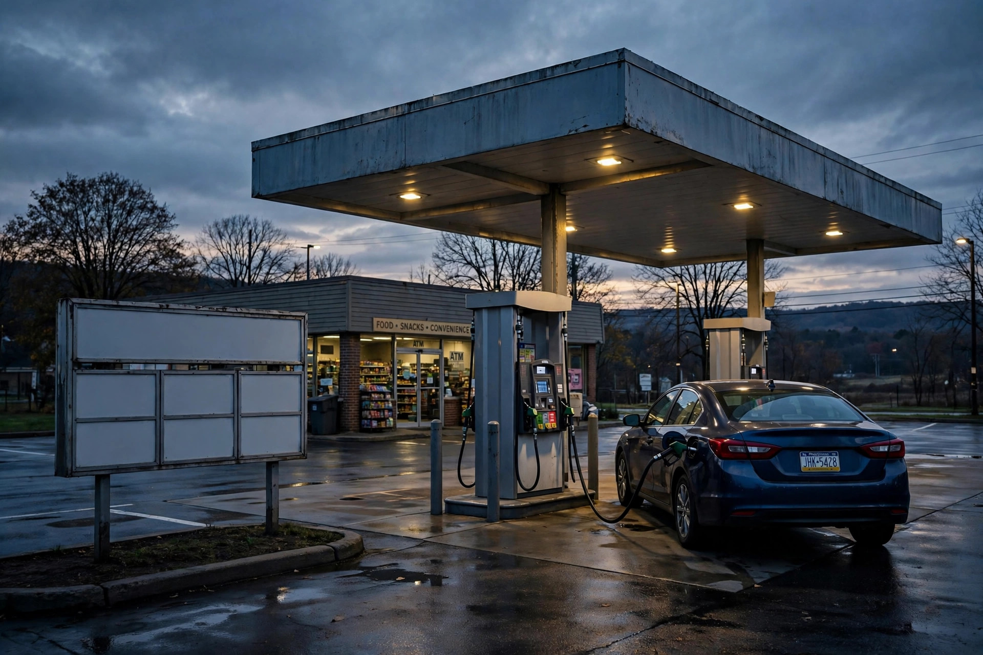 Ilustración editorial: gasolinera en Pensilvania al atardecer con un auto cargando combustible, tono sobrio de noticiero