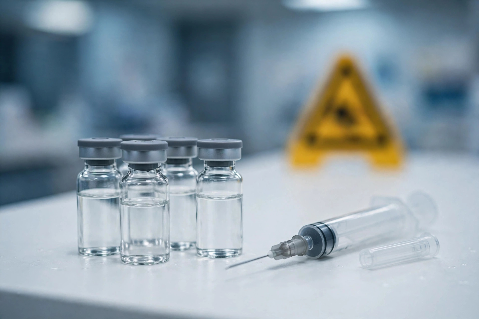 Viales de medicina sobre el mostrador de una farmacia