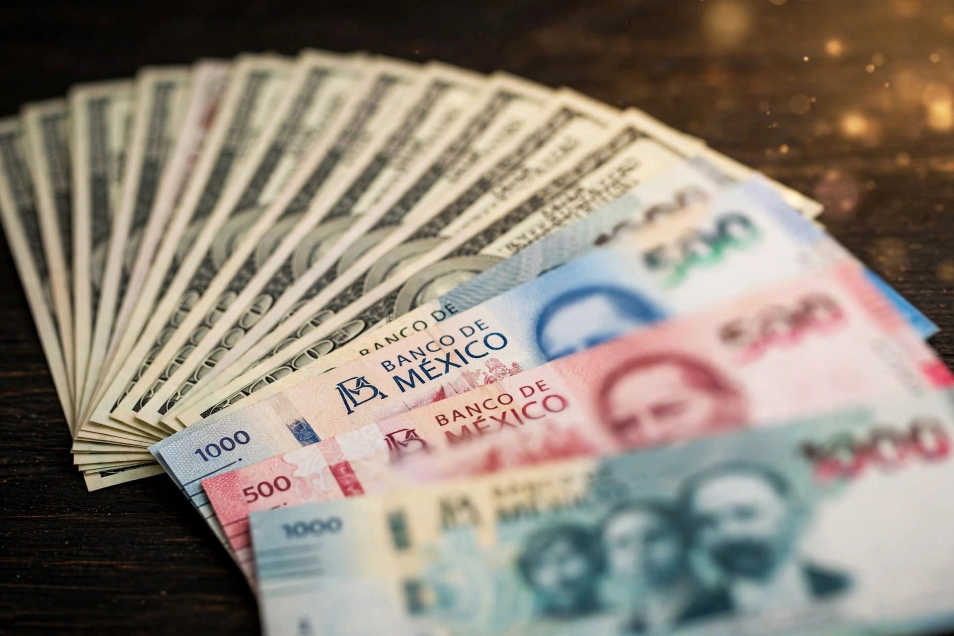 Billetes de dólares y pesos mexicanos sobre un escritorio