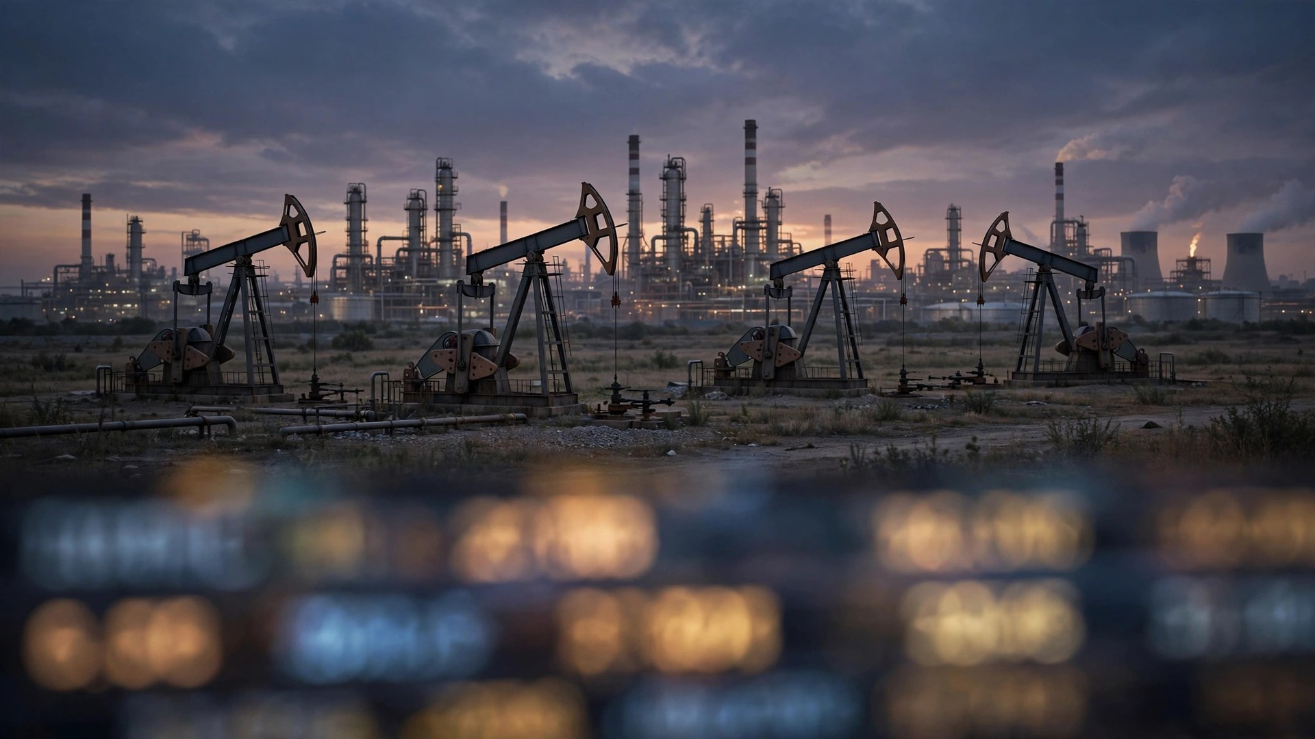 Ilustración editorial: torres de extracción de petróleo y refinería al atardecer