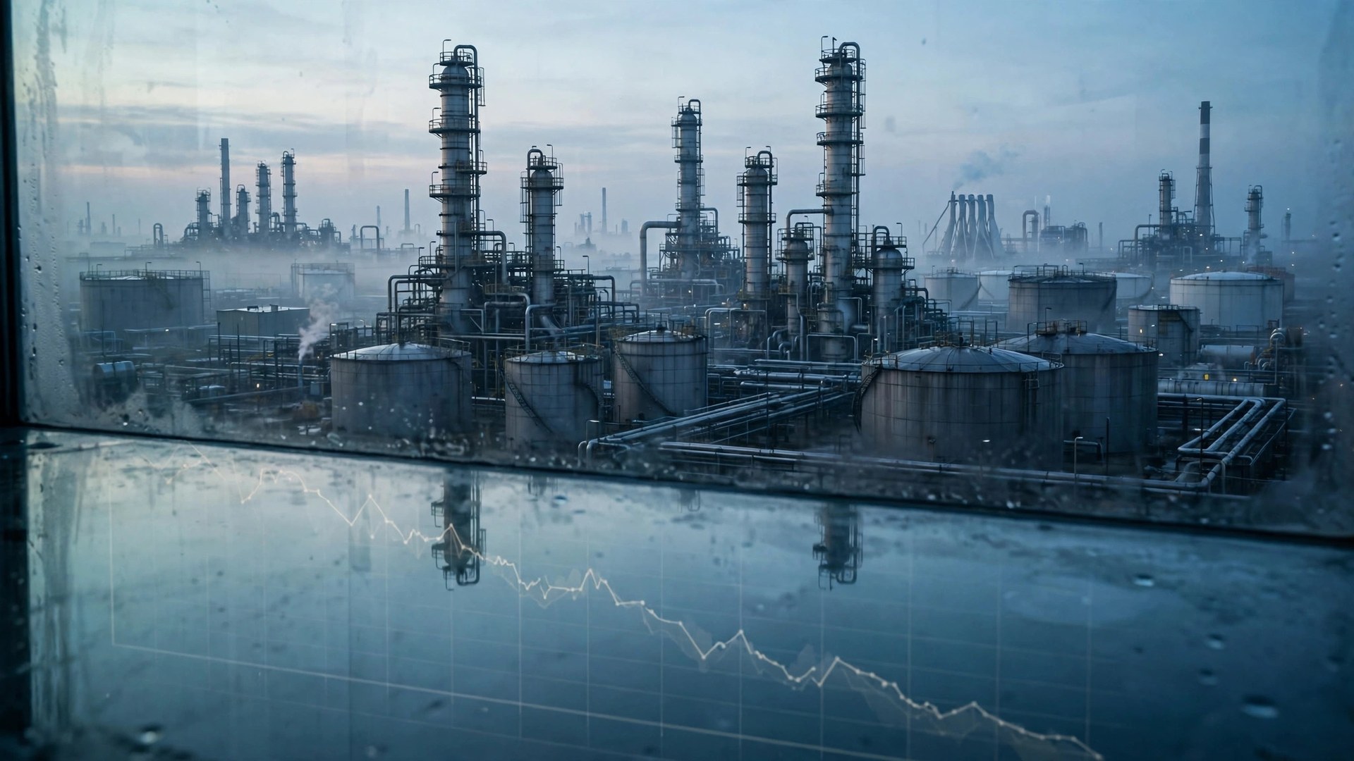 Ilustración editorial: refinería de petróleo al amanecer con tanques de almacenamiento y torres de destilación