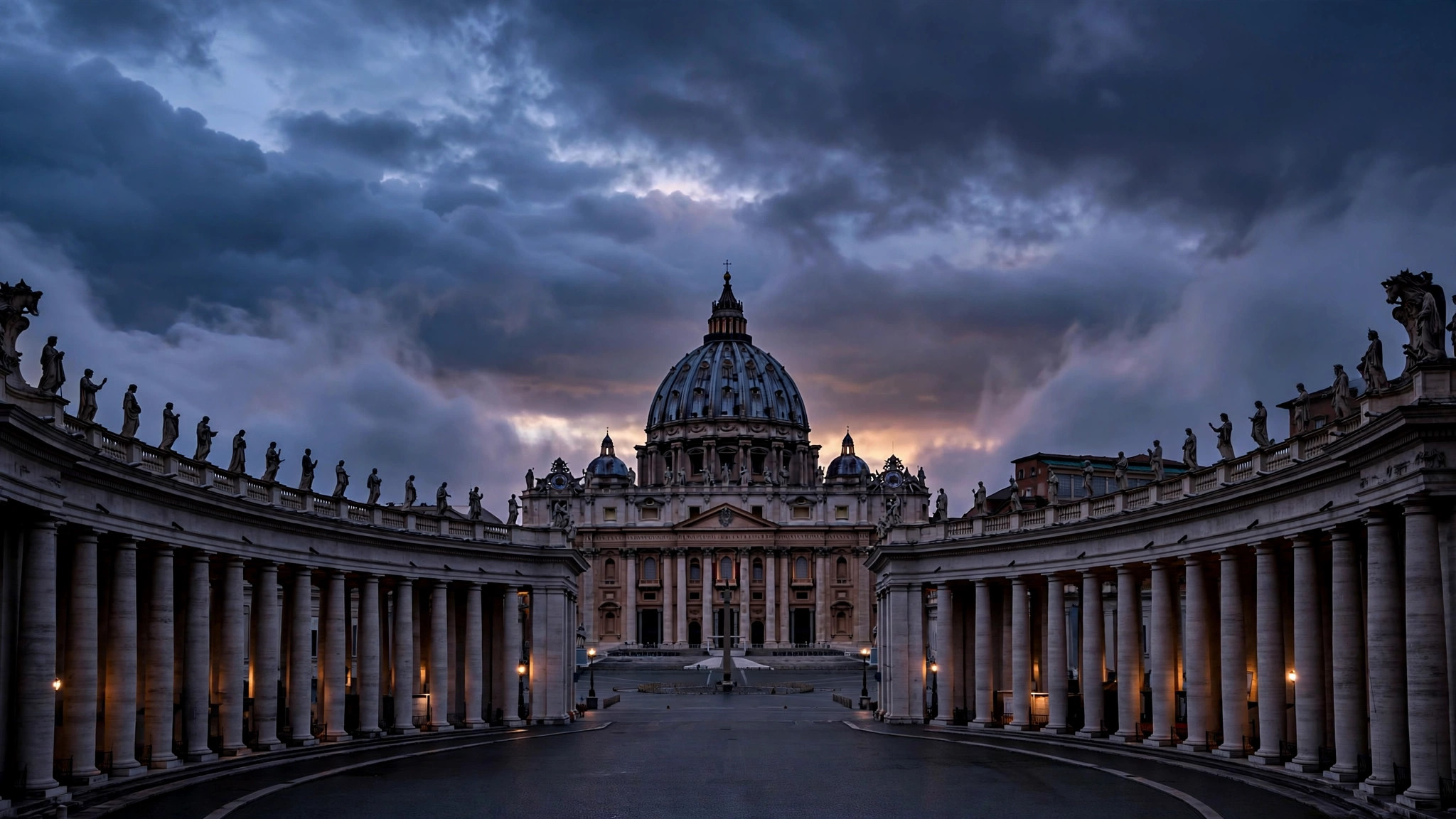 Ilustración editorial: la Basílica de San Pedro del Vaticano al anochecer