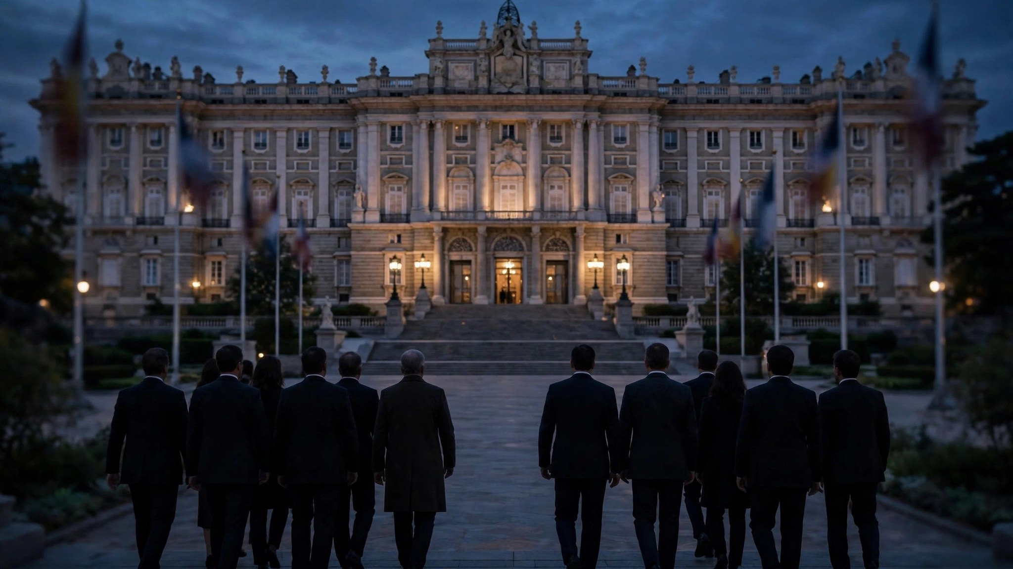 Ilustración editorial: exterior de un palacio al atardecer, dos delegaciones en silueta vistas de espaldas caminando hacia la entrada, banderas difuminadas
