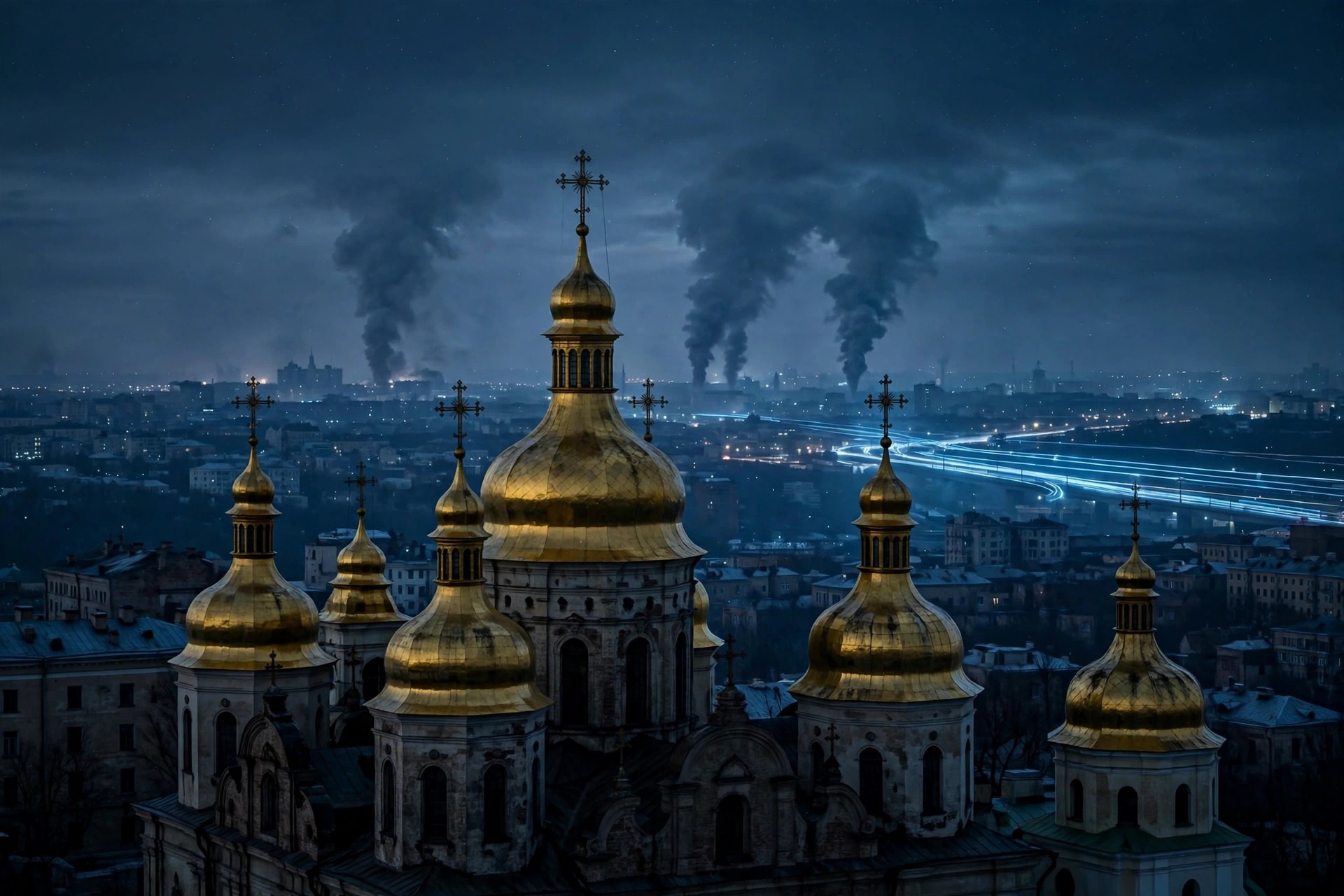 Ilustración editorial: cielo nocturno sobre Kiev con estelas y humo
