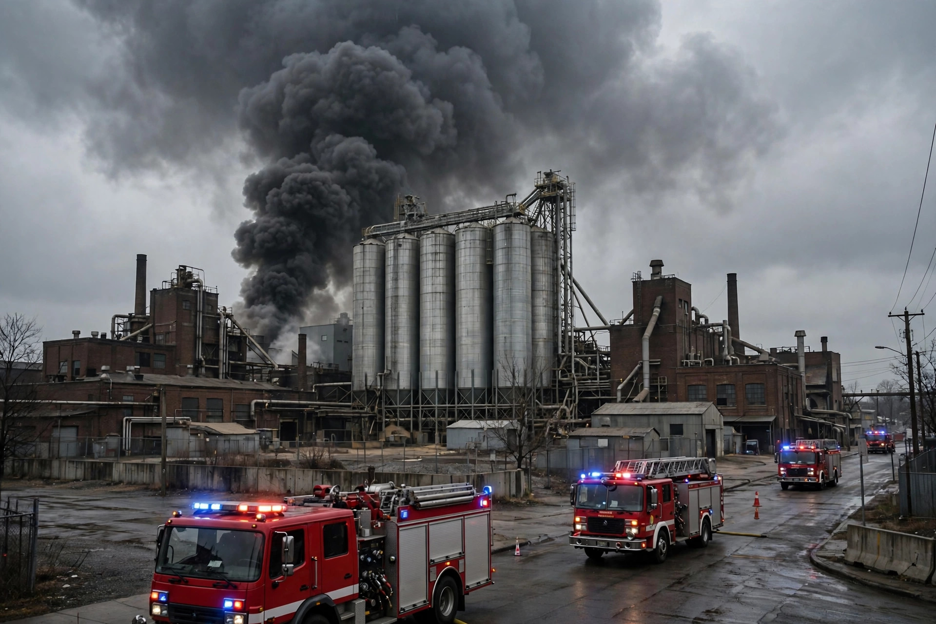 Ilustración editorial: planta industrial con silos y una columna de humo negro, con camiones de bomberos en la calle