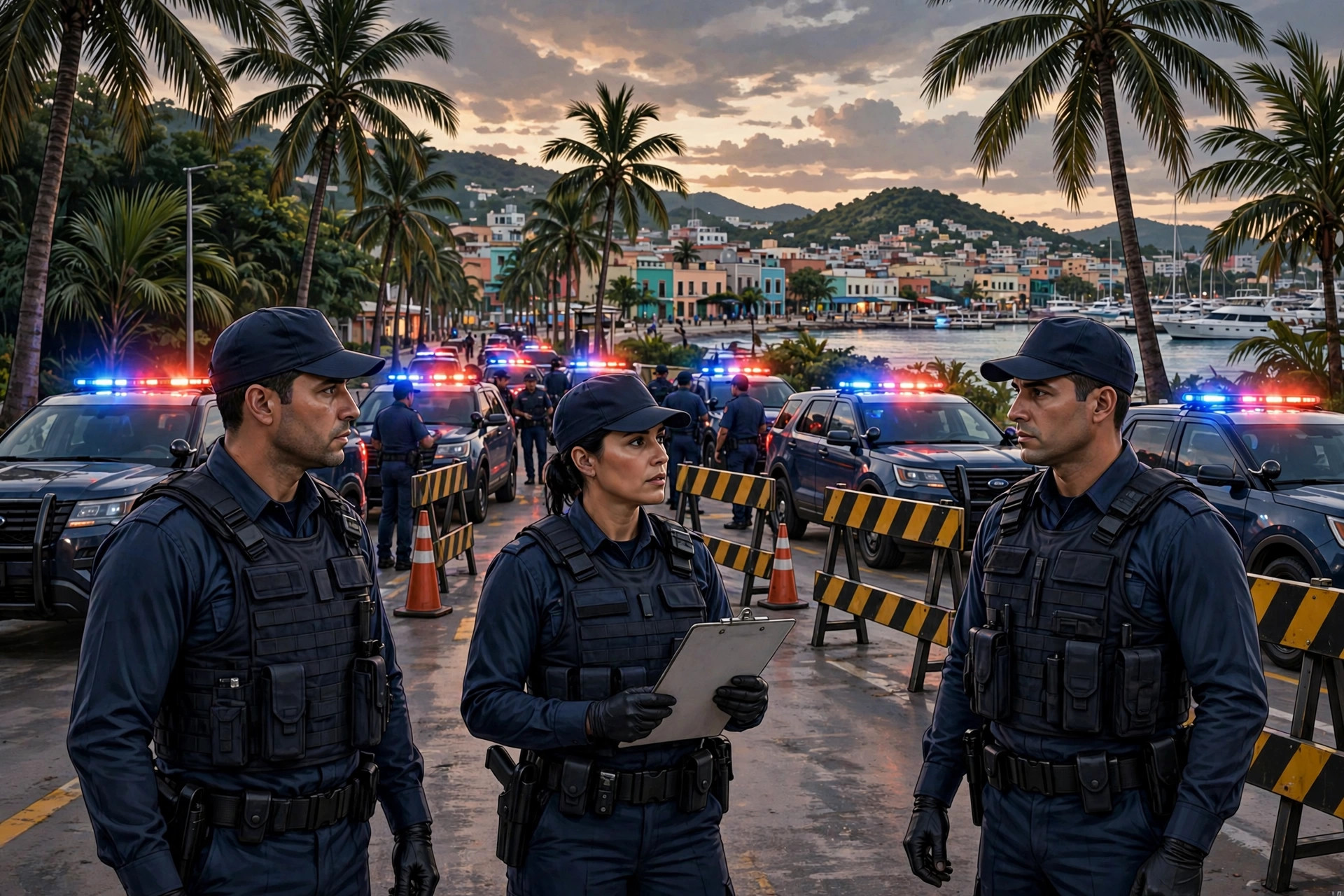 Ilustración editorial: operativo policiaco en una ciudad costera tropical de México