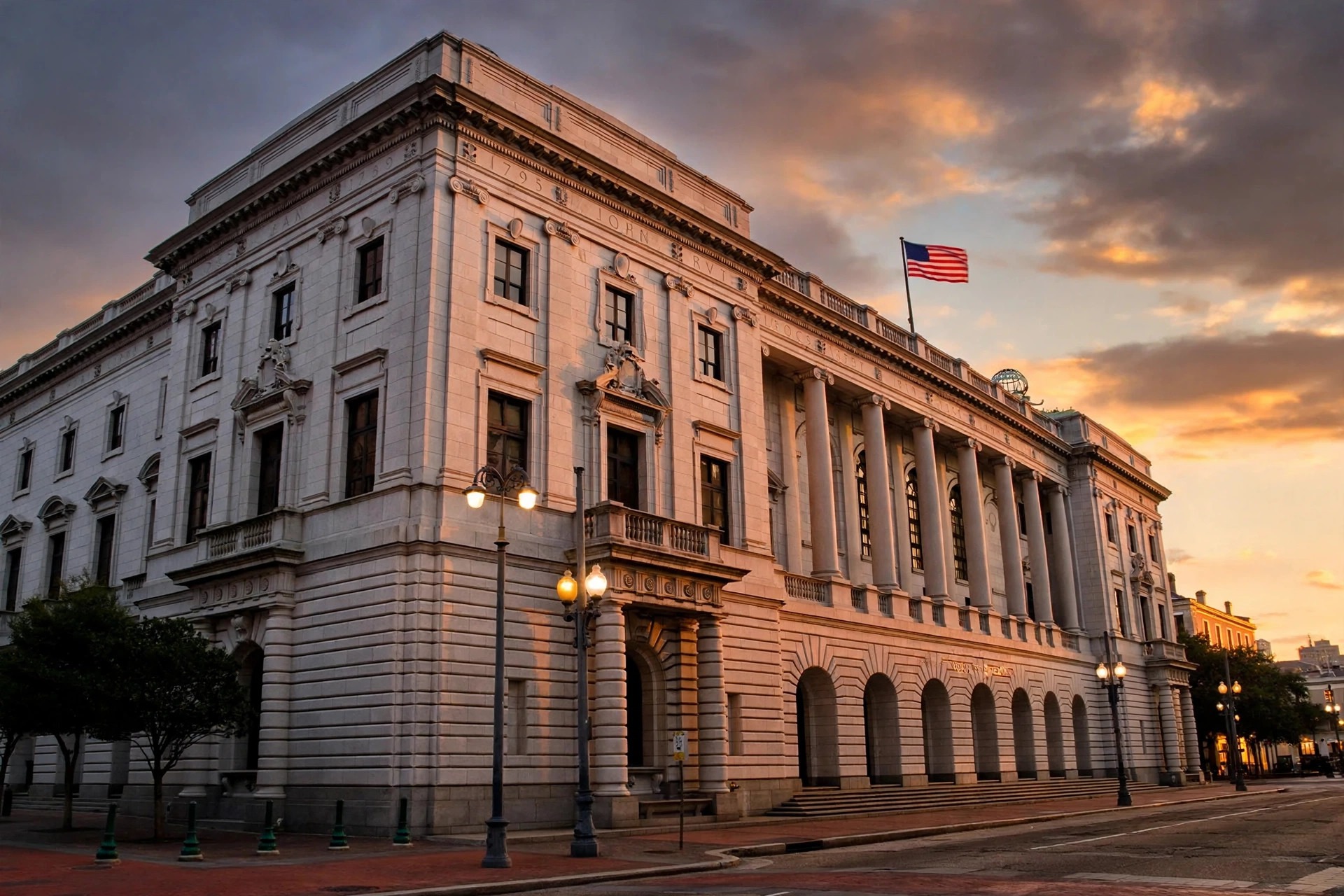 Ilustración editorial: exterior de la Corte de Apelaciones del Quinto Circuito en Nueva Orleans al atardecer con la bandera estadounidense