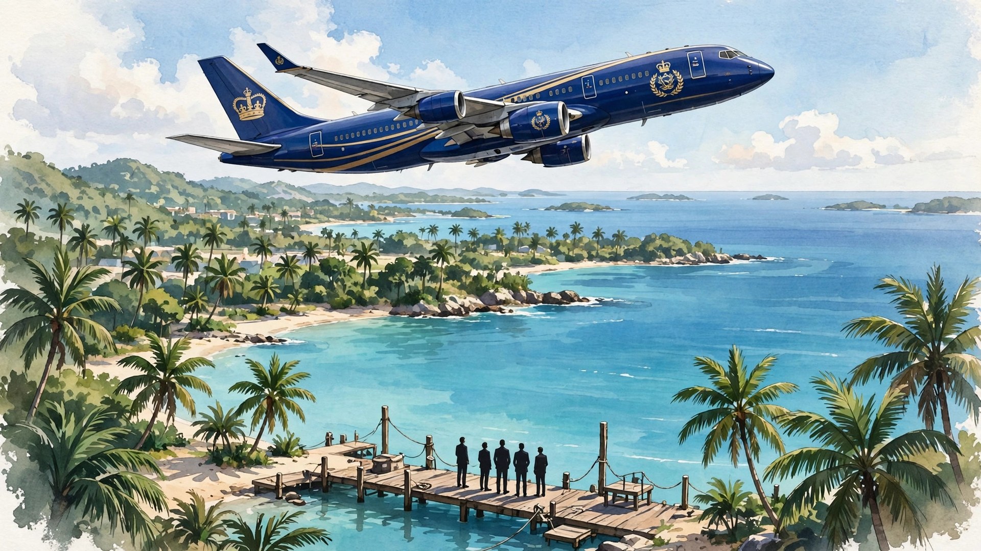 Ilustración editorial: un avión real sobrevolando una costa caribeña turquesa con palmeras, figuras en silueta vistas de espaldas en un muelle