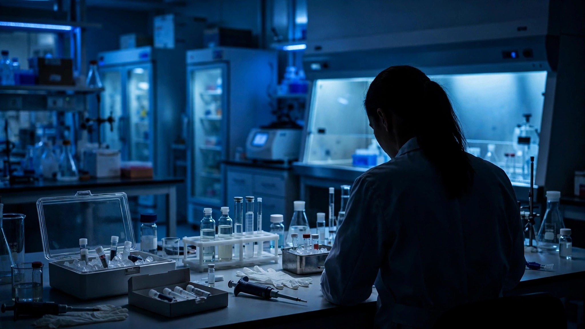 Ilustración editorial: laboratorio de investigación oncológica, una investigadora en silueta vista de espaldas trabajando con viales bajo luz azul suave