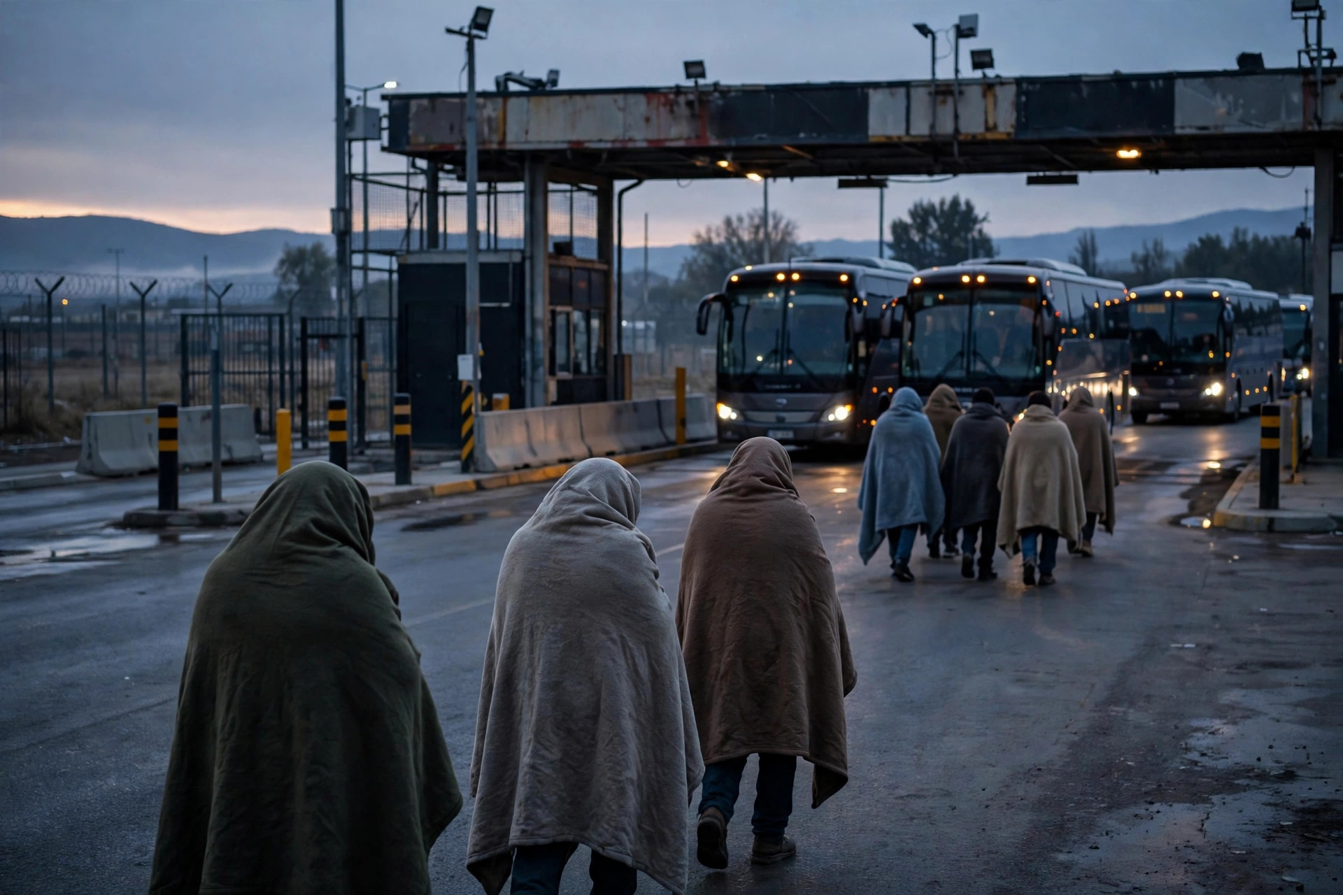 Ilustración editorial: prisioneros liberados caminando hacia autobuses en un punto fronterizo al atardecer, tono sobrio