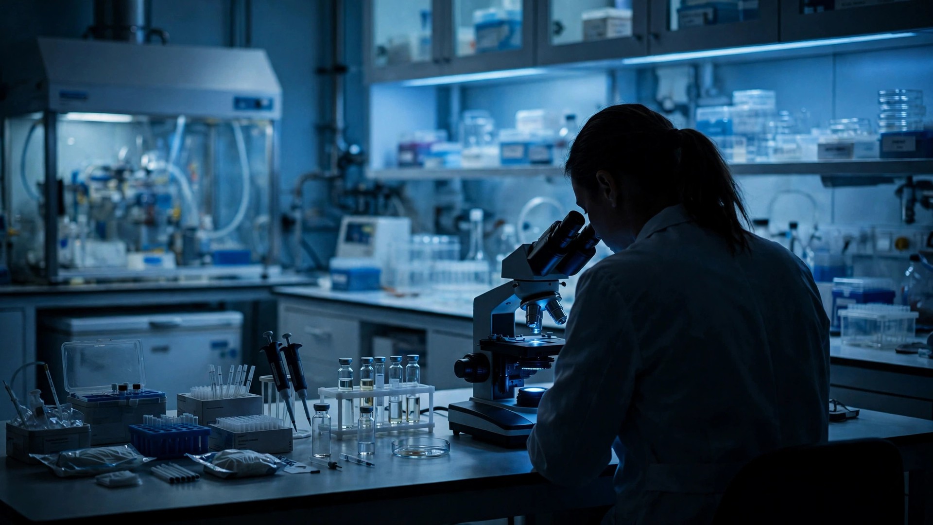 Ilustración editorial: laboratorio de oncología moderno con una científica en silueta vista de espaldas frente a un microscopio y viales, luz clínica azul suave