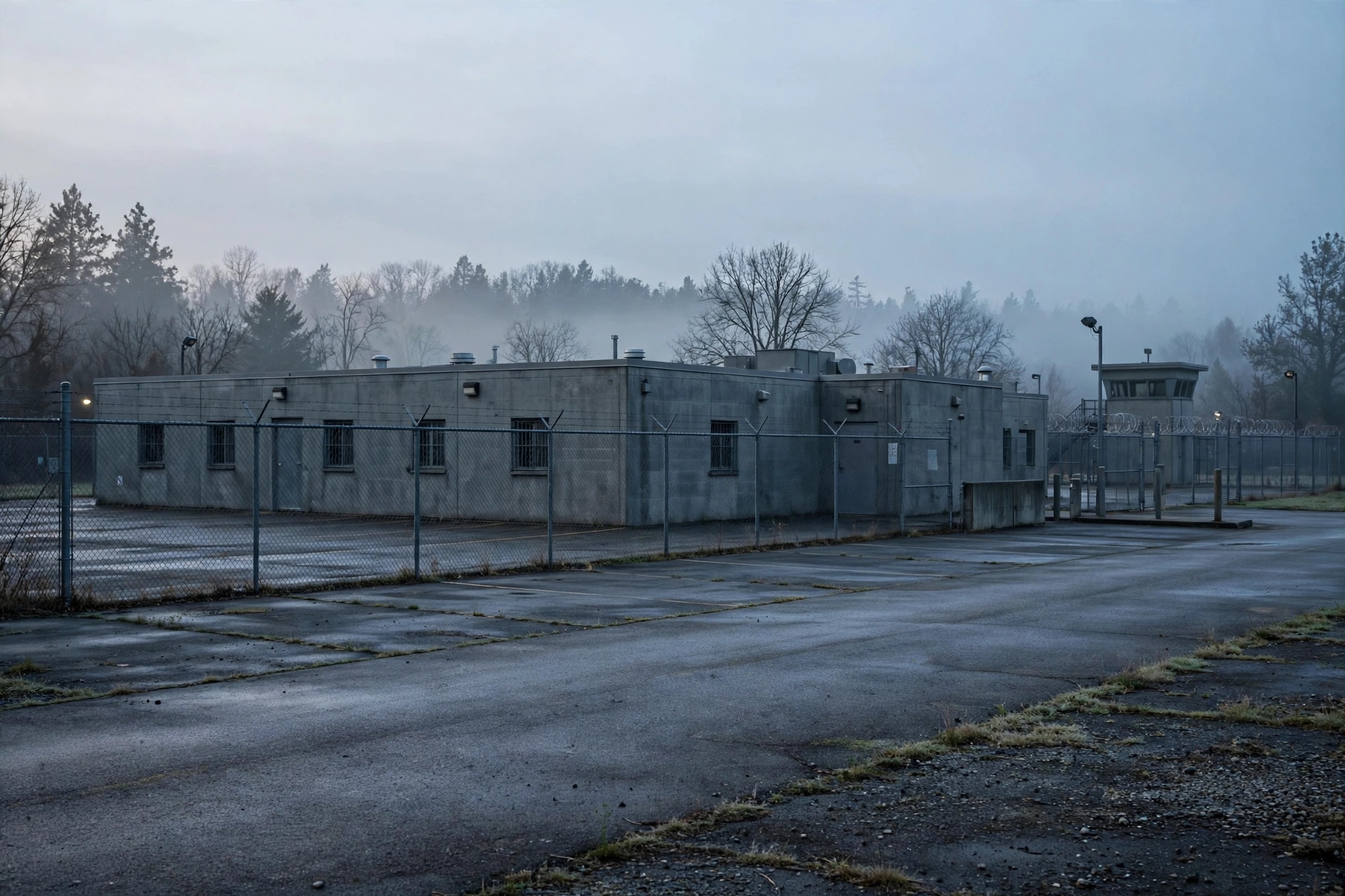 Ilustración editorial: exterior de un centro de detención al amanecer, tono sobrio de noticiero