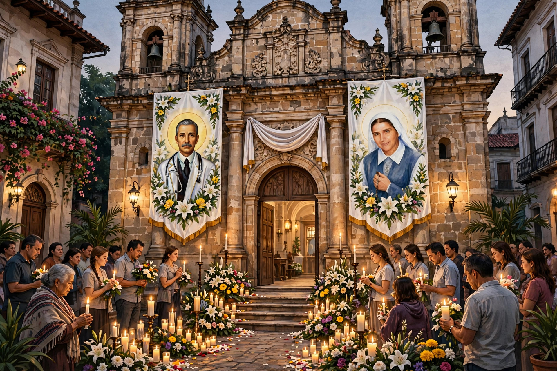 Ilustración editorial: iglesia en Caracas con homenaje a los santos José Gregorio Hernández y Carmen Rendiles