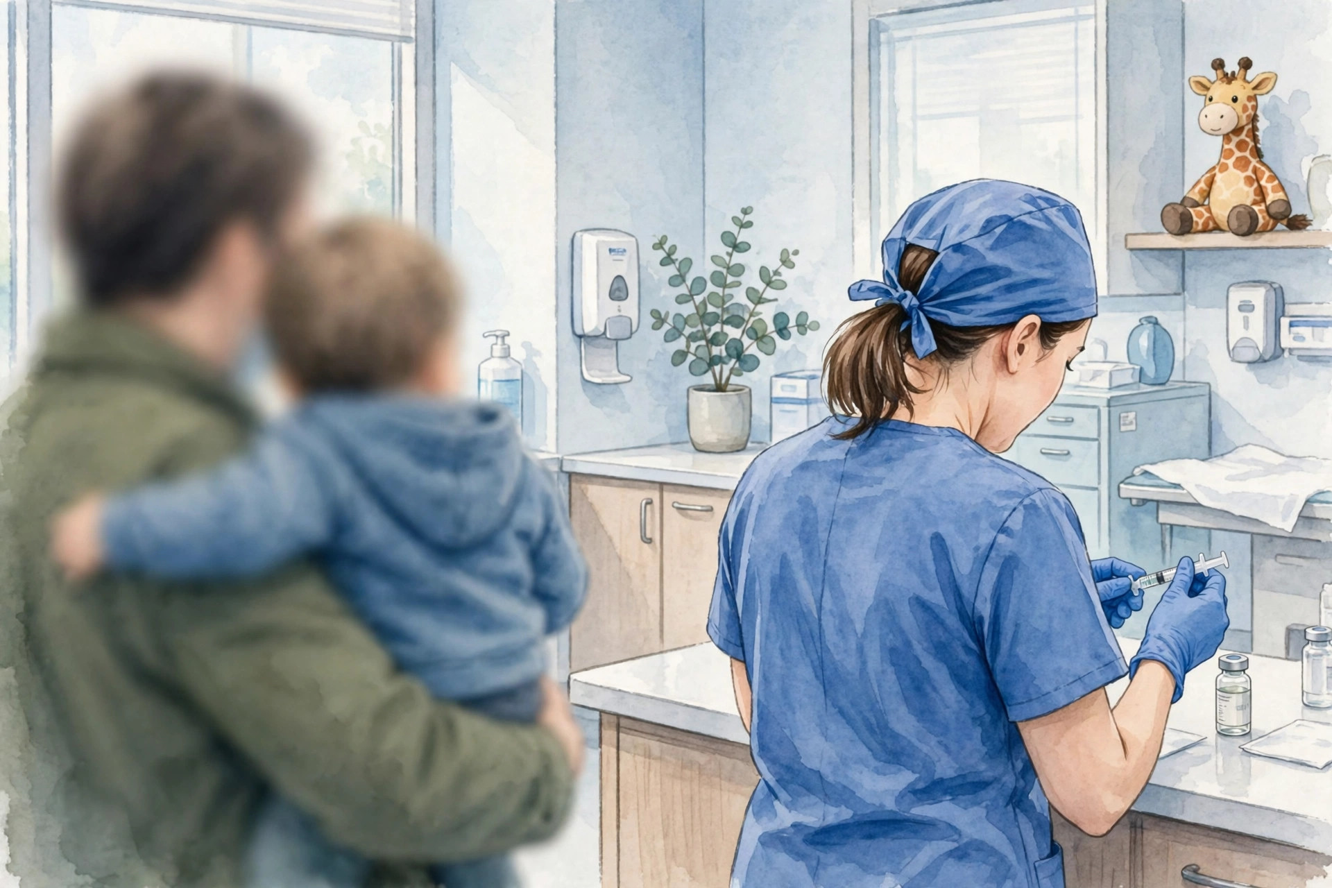 Ilustración editorial: una enfermera vista de espaldas prepara una vacuna en una clínica pediátrica, mientras un padre sostiene a un niño pequeño