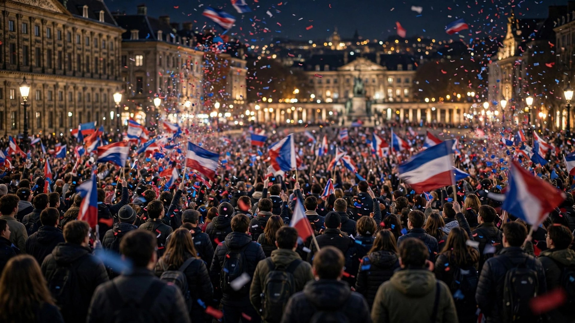 Ilustración editorial: multitud de jóvenes celebrando de noche en una plaza de una capital europea con banderas rojiblancas y azules