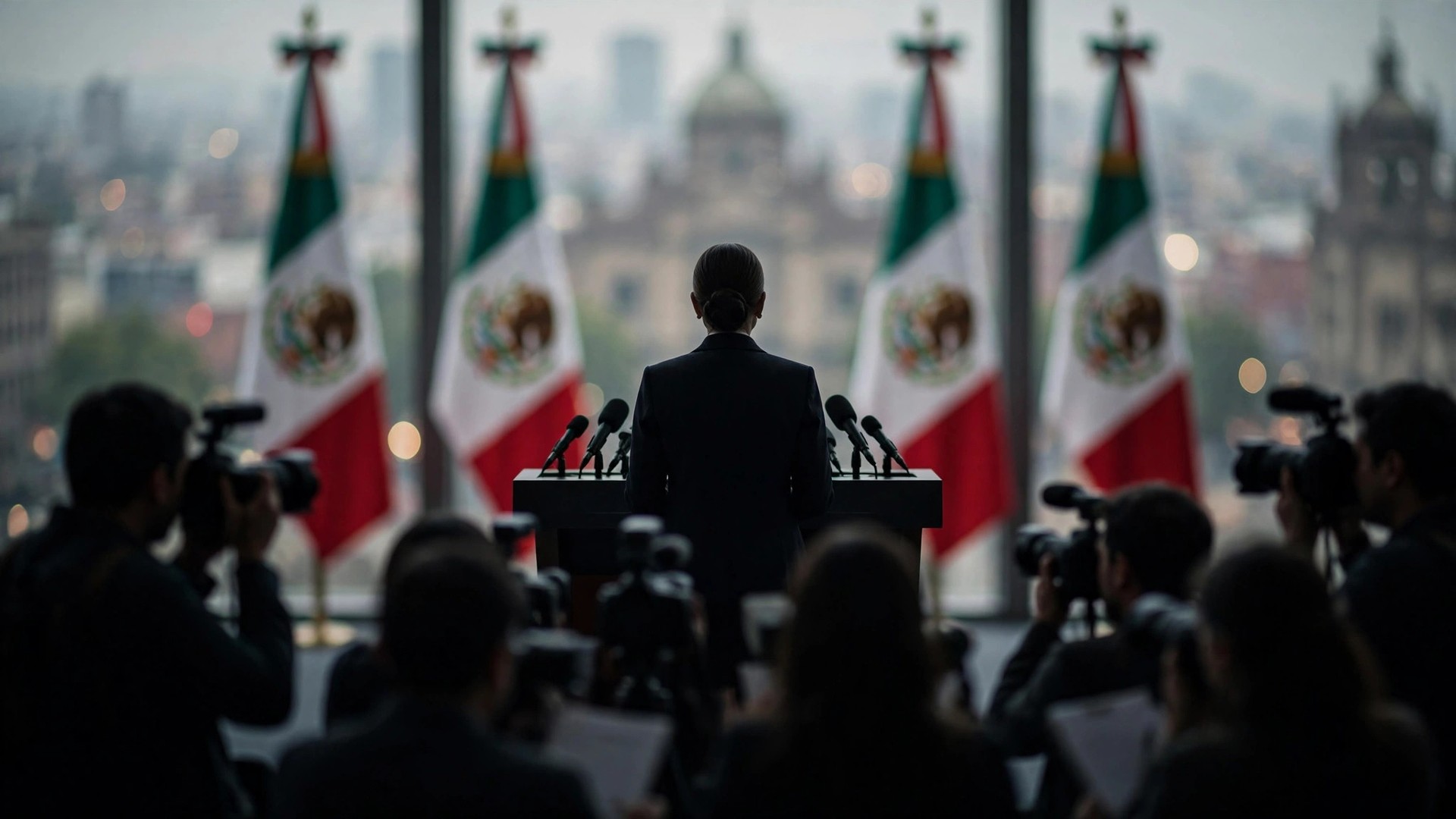Ilustración editorial: presidenta vista de espaldas en silueta en un podio de conferencia de prensa en Ciudad de México, banderas desenfocadas, tono sobrio