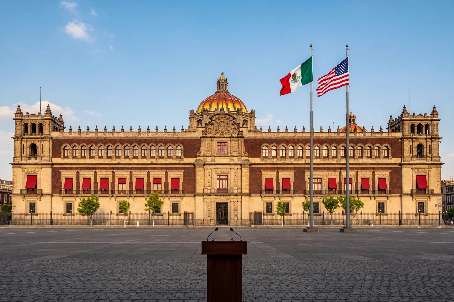 Palacio Nacional de México con las banderas de México y Estados Unidos