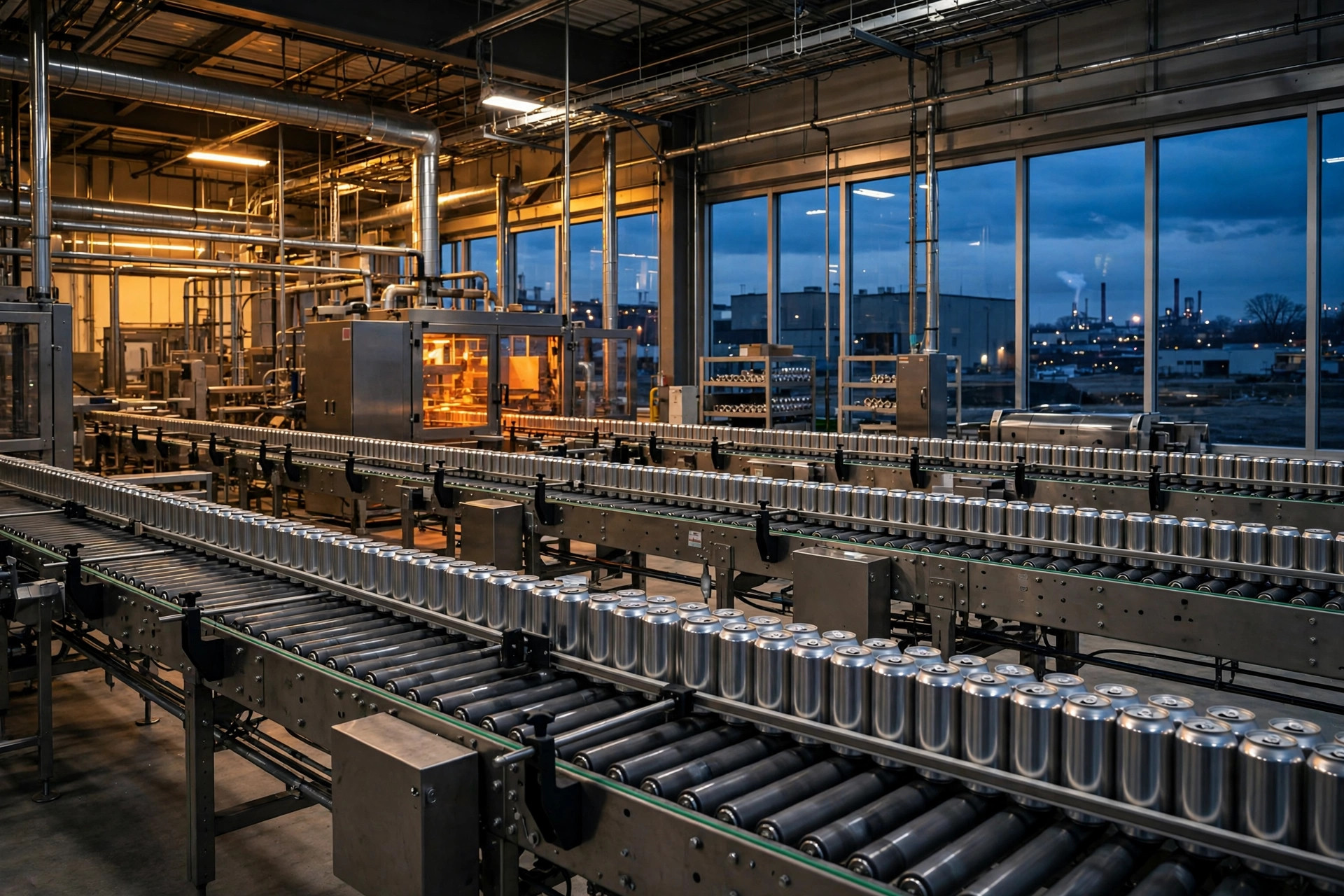 Ilustración editorial: planta de manufactura de latas metálicas al anochecer en Youngstown