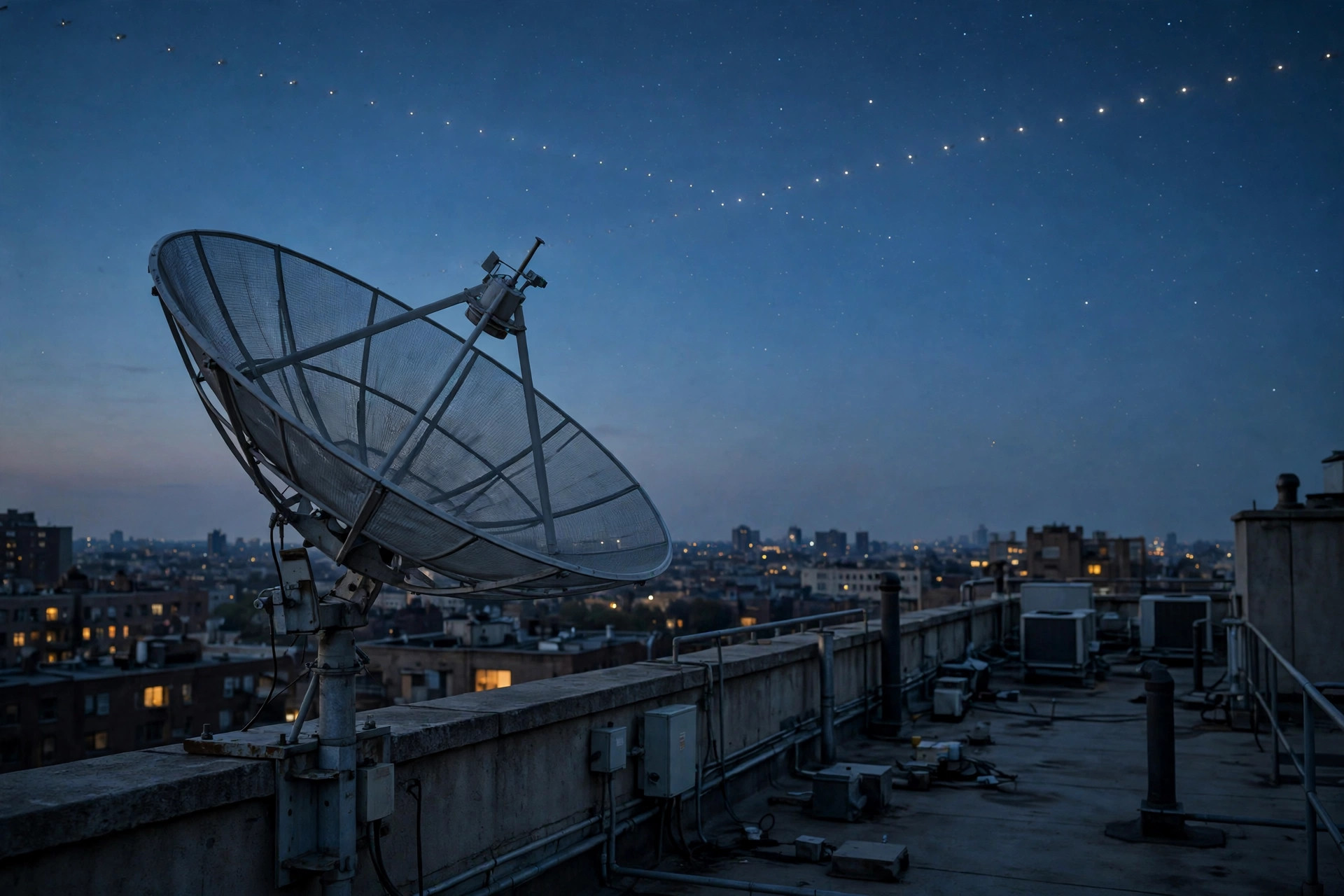 Ilustración editorial: antena parabólica satelital en un tejado al anochecer, cielo estrellado y línea tenue de satélites