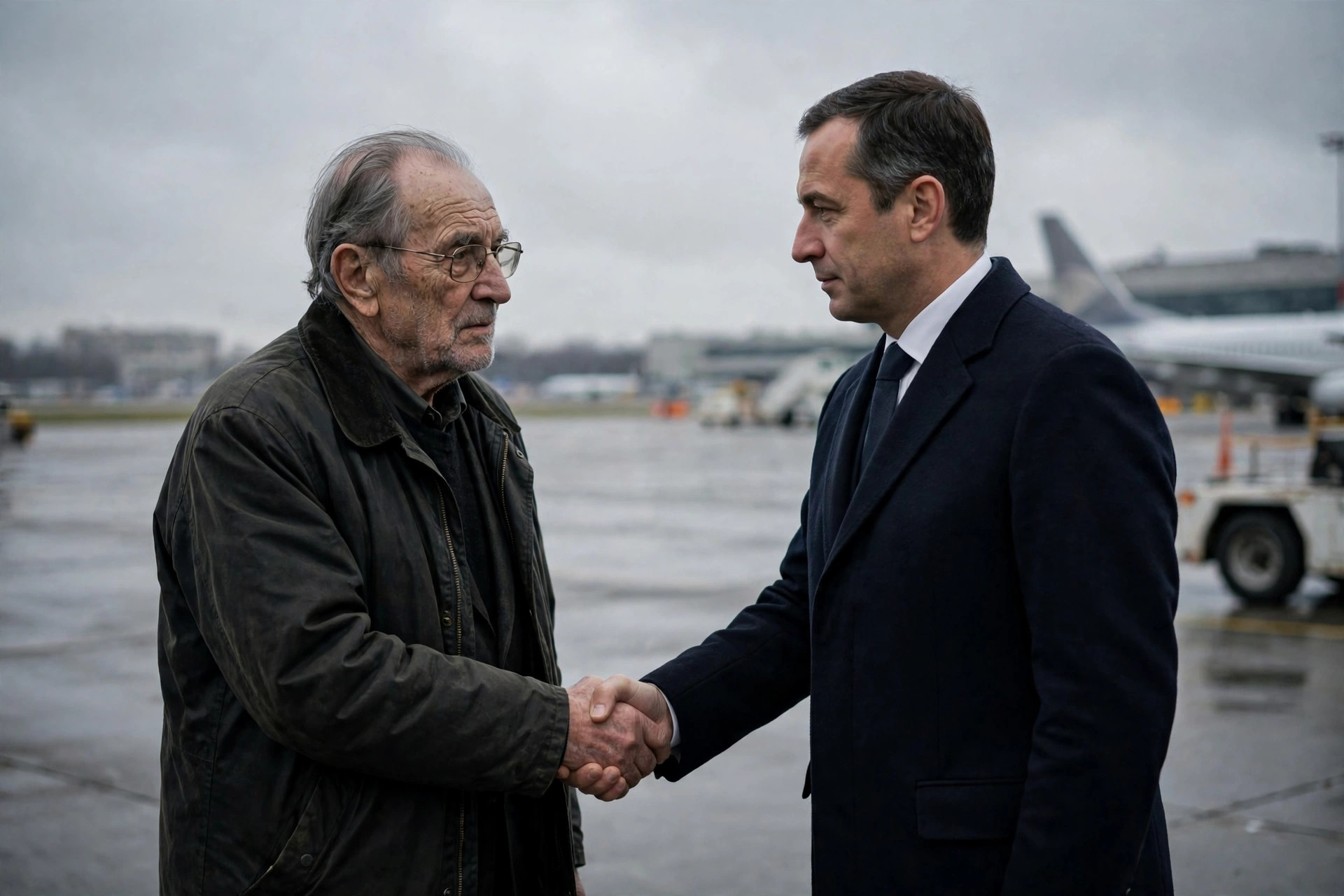 Ilustración editorial: un hombre mayor saludando de mano a un enviado en una pista de aeropuerto en San Petersburgo bajo cielo gris