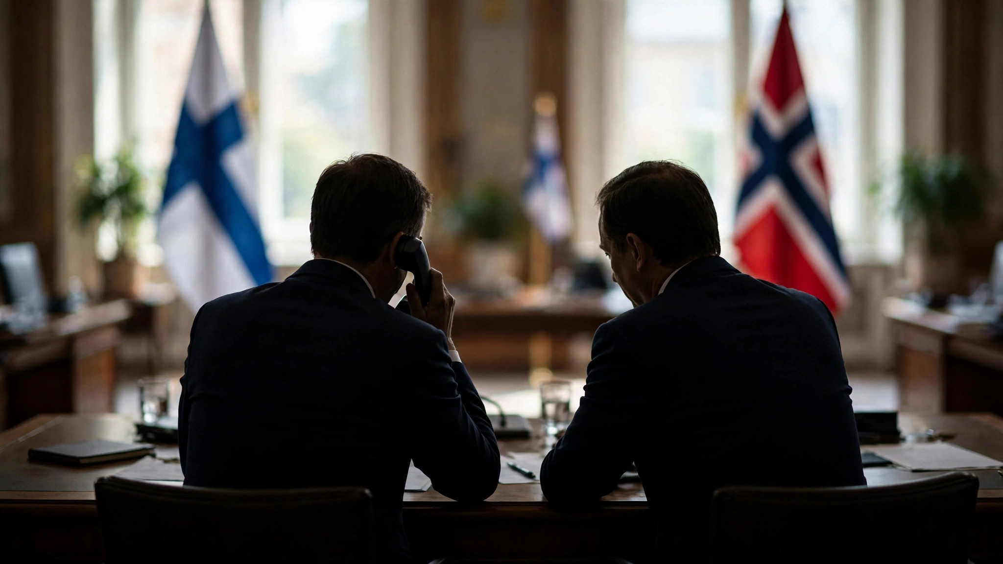 Ilustración editorial: escena de una llamada diplomática en una oficina de gobierno, dos líderes en silueta vistos de espaldas en un escritorio con banderas de Finlandia y Noruega difuminadas al fondo, tono sobrio