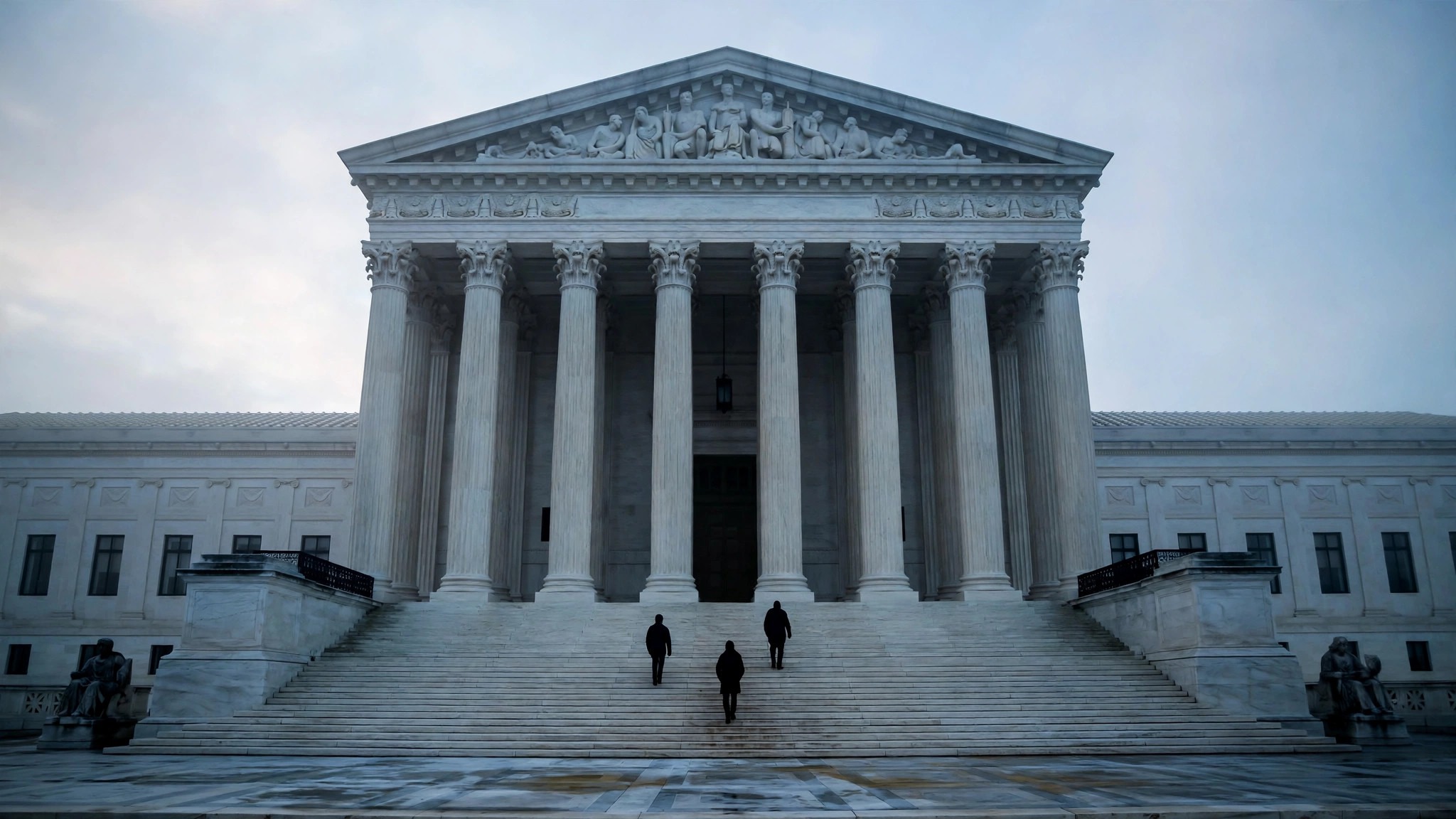Ilustración editorial: exterior de la Corte Suprema de Estados Unidos al amanecer, figuras en silueta vistas de espaldas subiendo las escaleras