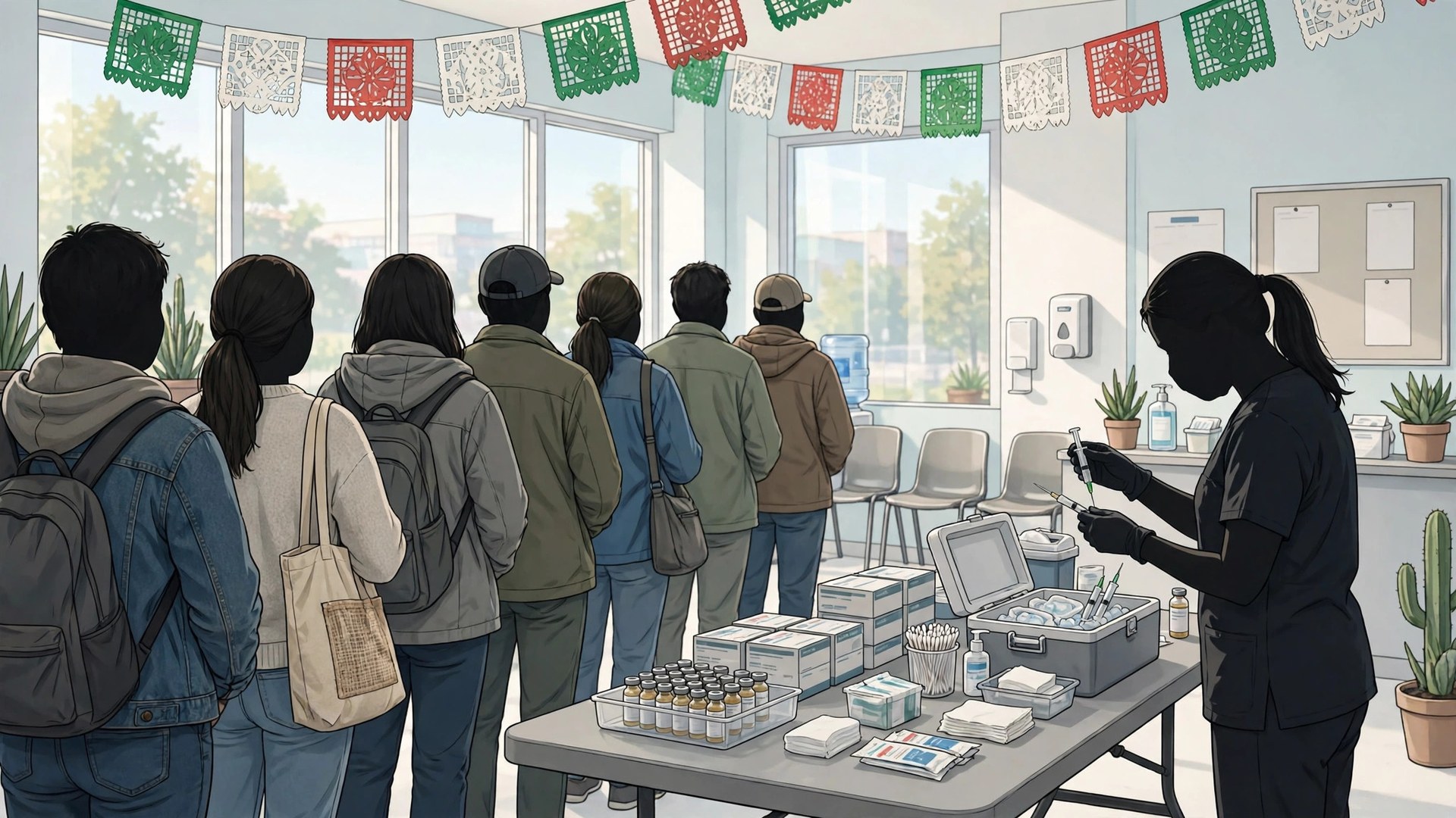 Ilustración editorial: clínica de vacunación con una enfermera preparando una vacuna y personas esperando de espaldas