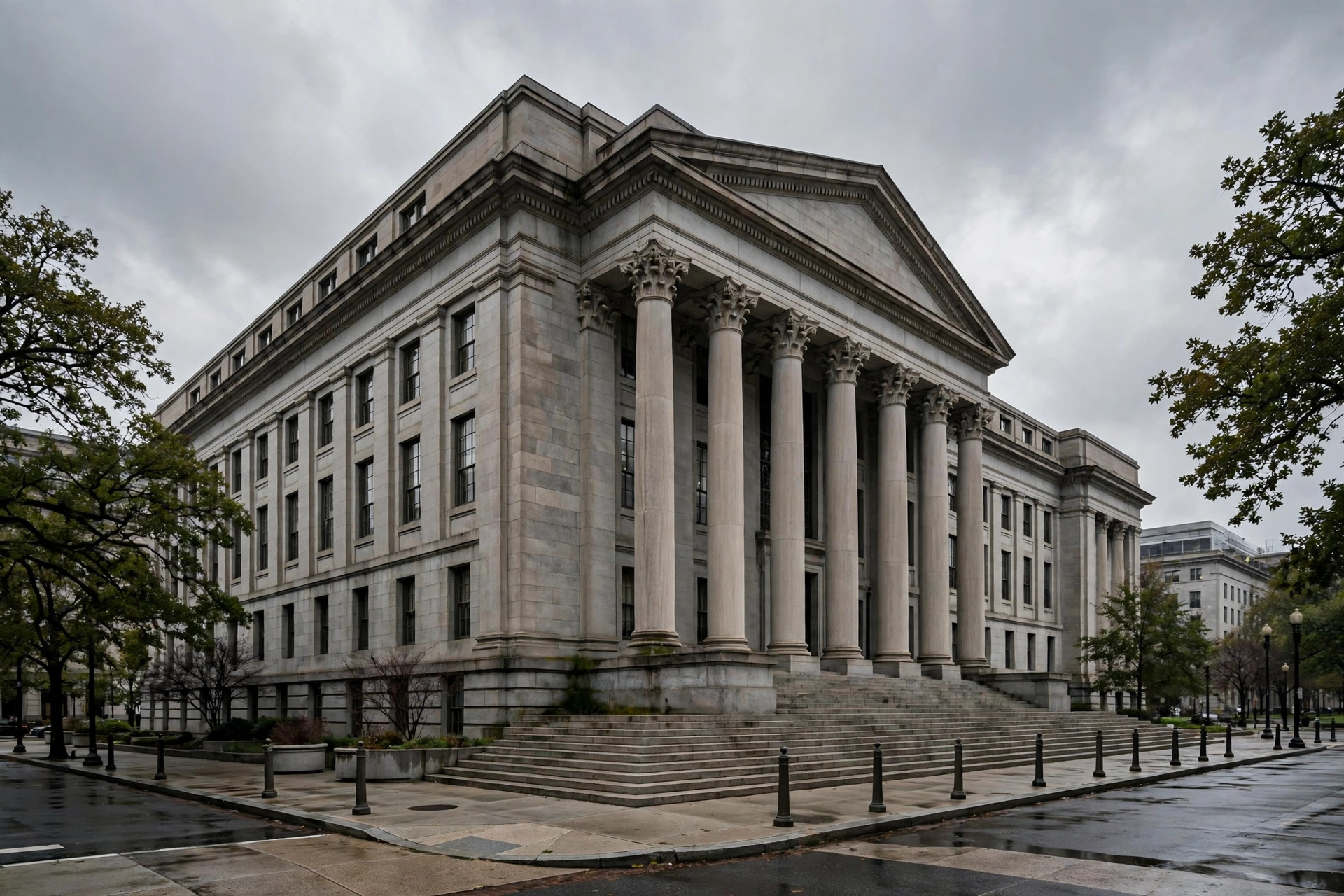 Ilustración editorial: exterior de un tribunal federal en Washington, D.C., tono sobrio de noticiero