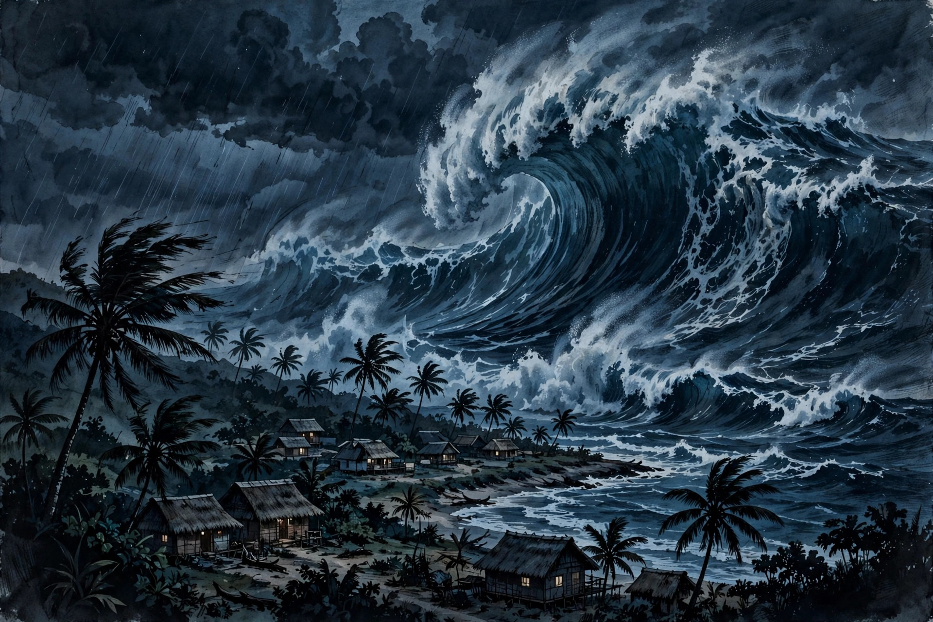 Ilustración editorial: ola gigante avanzando hacia una costa tropical del Pacífico sur durante la noche