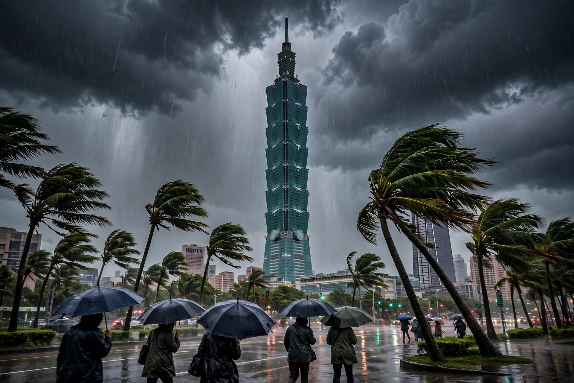 Ilustración editorial: la torre Taipei 101 bajo una tormenta tropical con lluvia intensa y palmeras dobladas por el viento