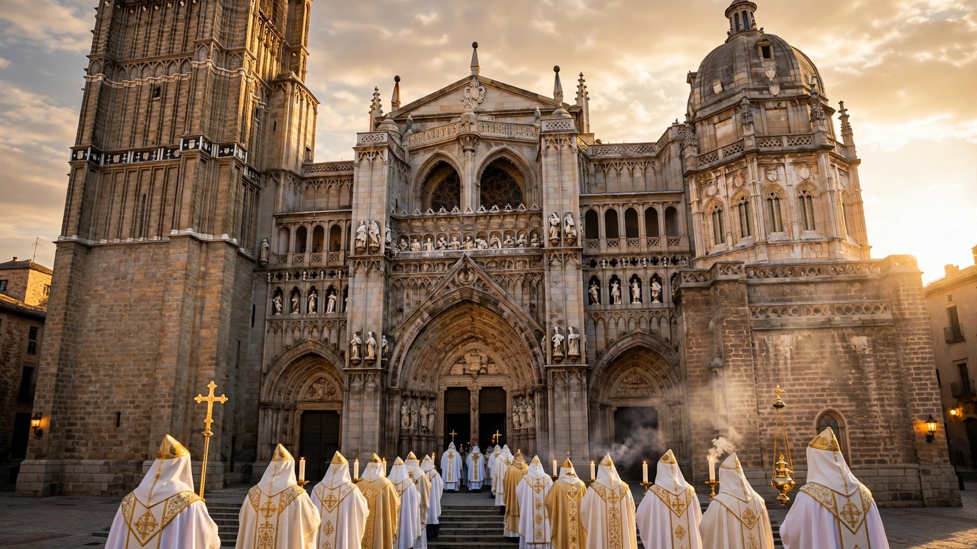 Ilustración editorial: fachada gótica de la catedral de Toledo, España, al atardecer con procesión solemne, sin rostros identificables