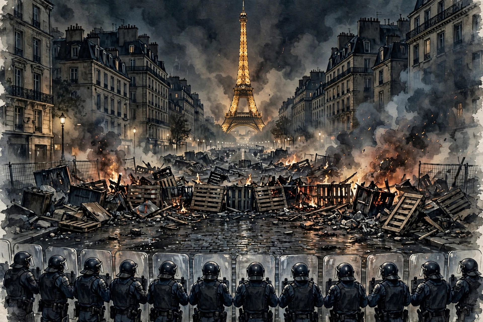 Ilustración editorial: París de noche durante los disturbios, con humo y policías antidisturbios