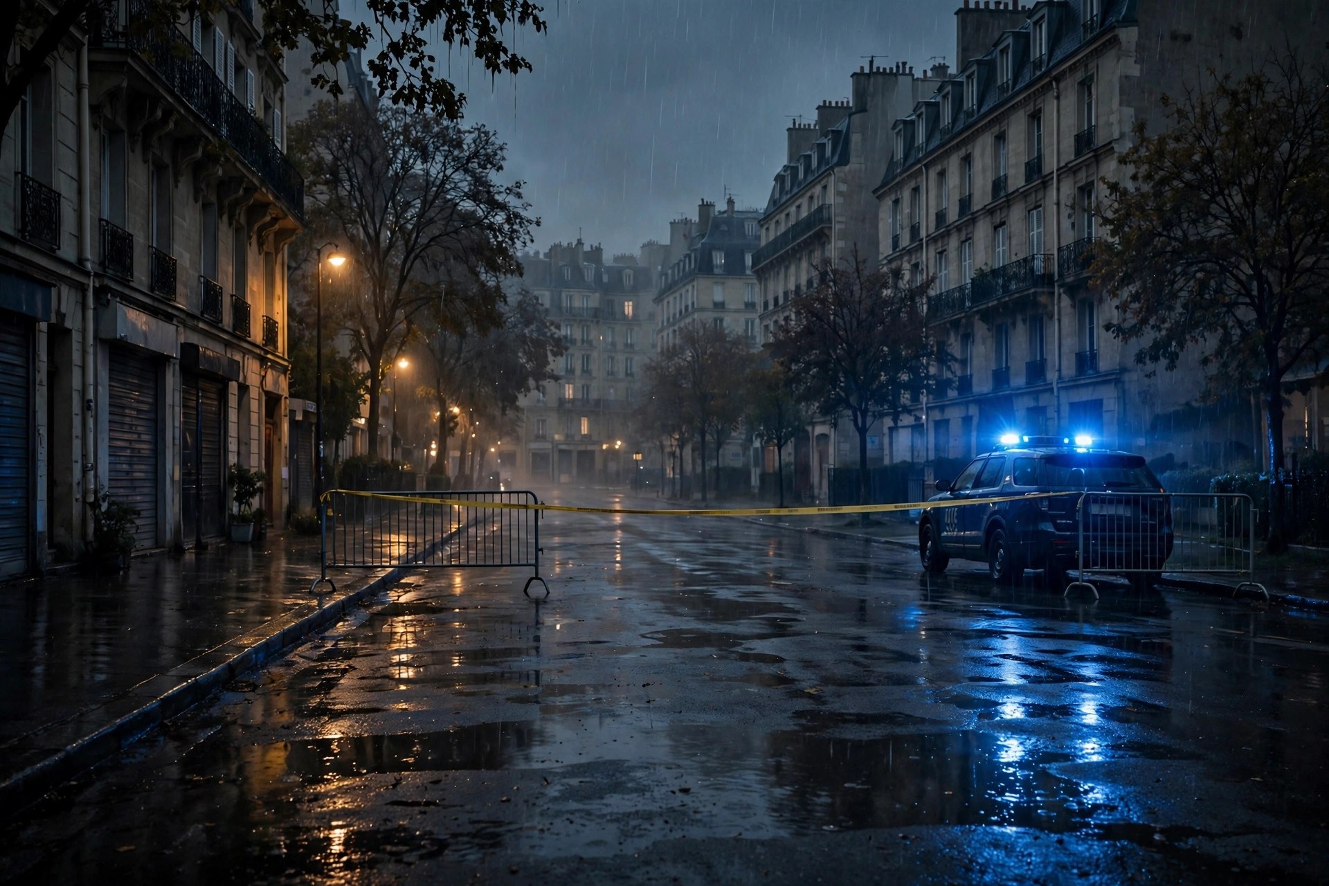 Ilustración editorial: calle de suburbio parisino de noche con cinta policial bajo lluvia fina, tono sobrio