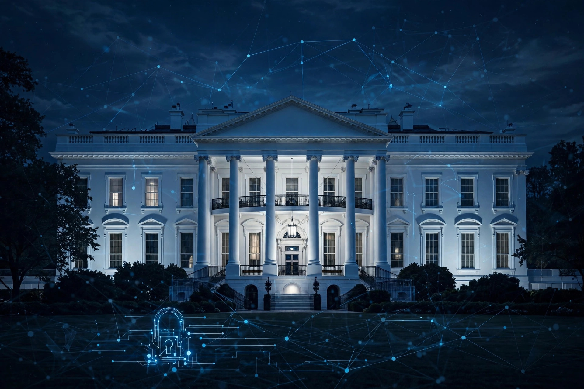 Ilustración editorial: la Casa Blanca de noche con elementos digitales de ciberseguridad