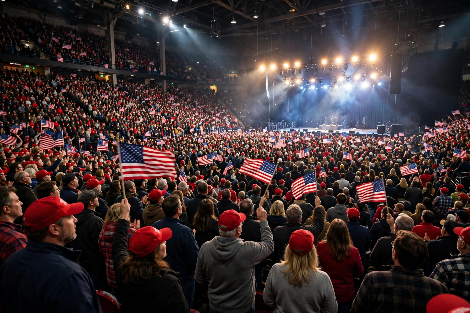 Multitud en un mitin político con banderas de Estados Unidos