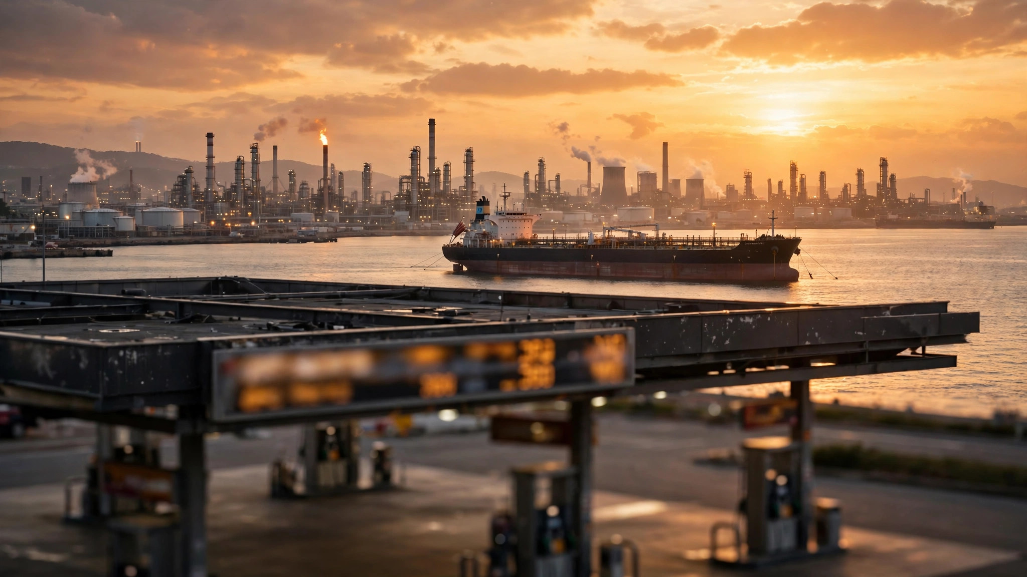 Ilustración editorial: puerto petrolero costero al atardecer con un buque tanque y torres de refinería a lo lejos, y una gasolinera en primer plano con el letrero de precios difuminado