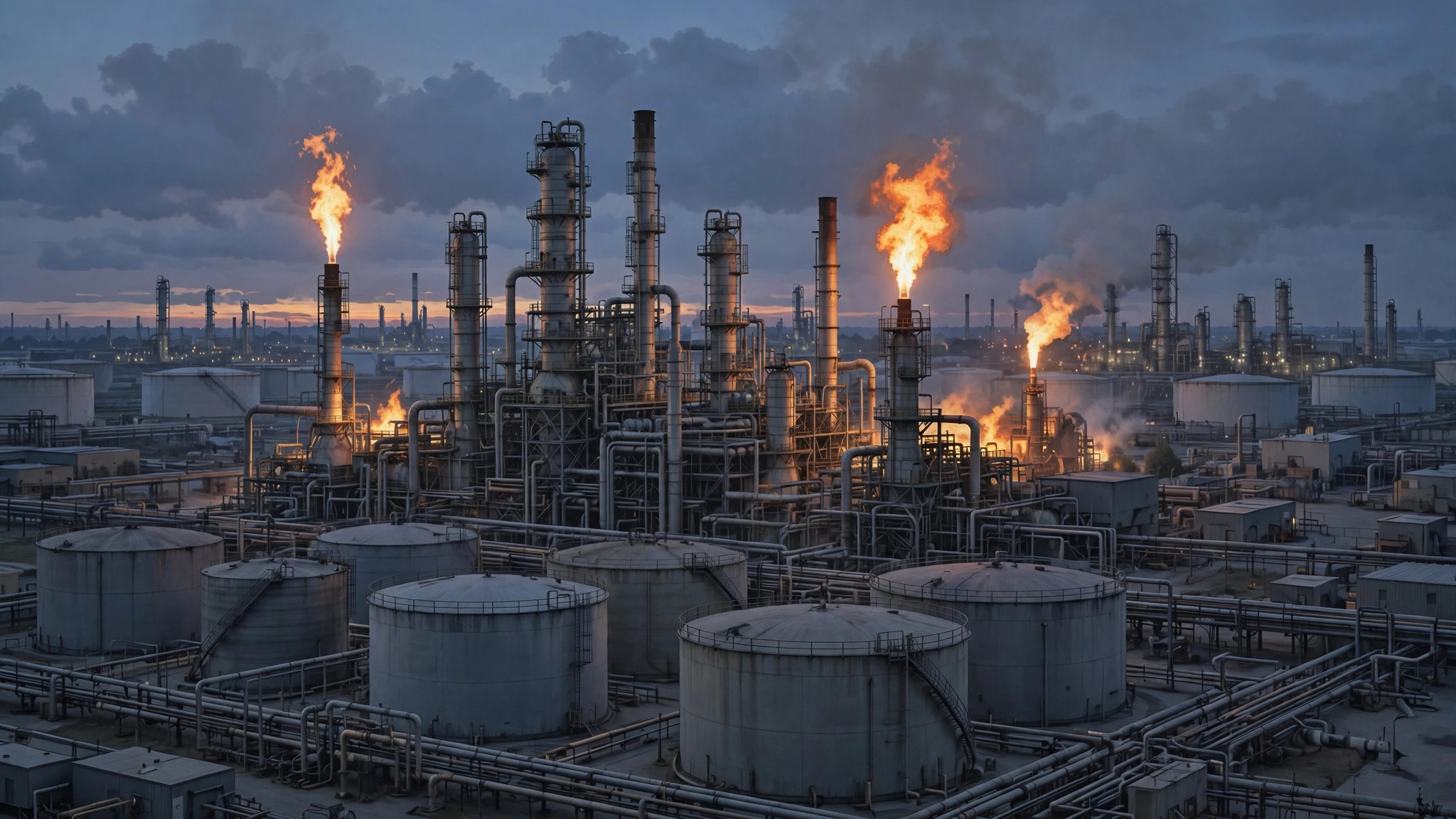 Ilustración editorial: refinería al atardecer con tanques y antorchas, tonos sobrios
