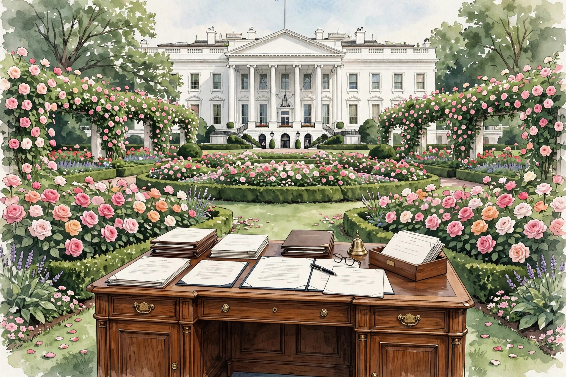 Ilustración editorial: Jardín de las Rosas de la Casa Blanca con escritorio para firma oficial