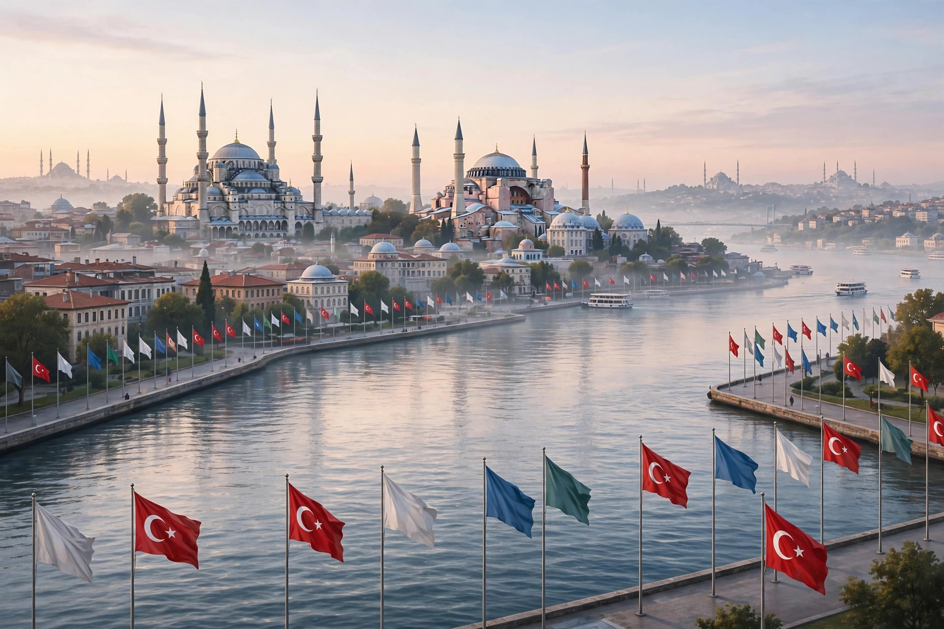 Ilustración editorial: horizonte de Estambul al amanecer con banderas ondeando